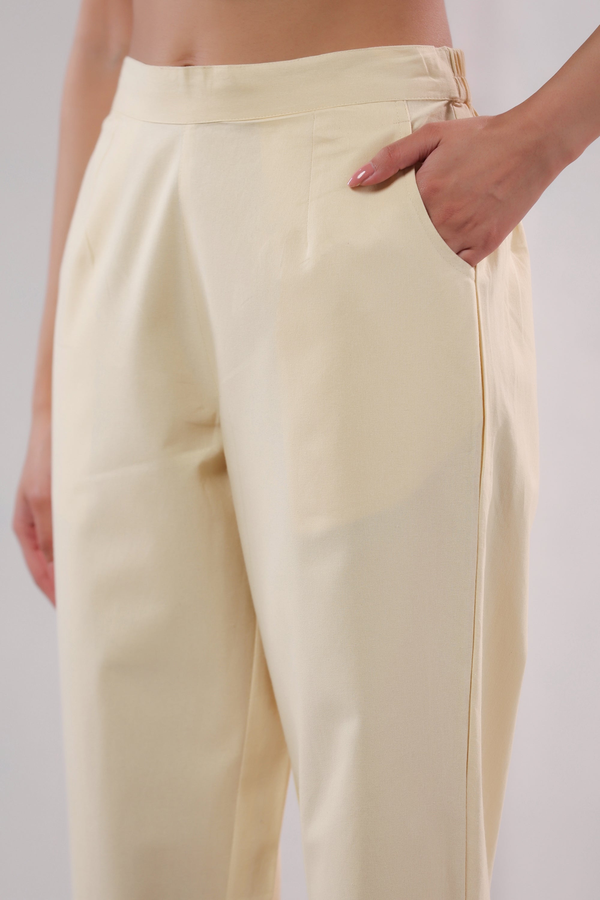 Solid Ivory Straight Fit Cotton Pants