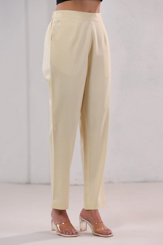 Solid Cream High Waist Straight Fit Cotton Pants