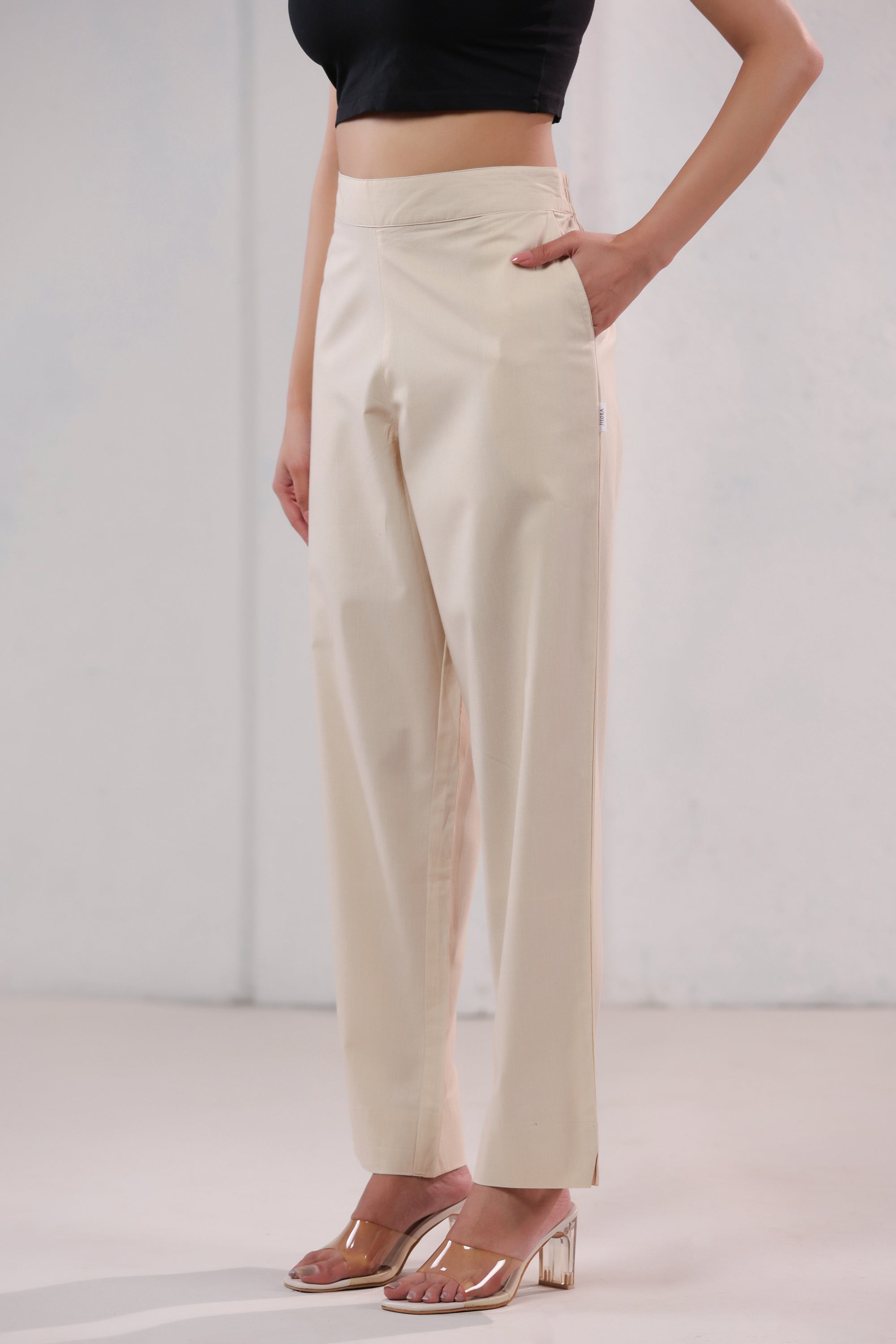 Minimal Solid Beige Office Wear Straight Cotton Pants