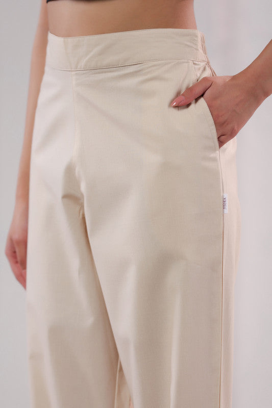 Minimal Solid Beige Office Wear Straight Cotton Pants
