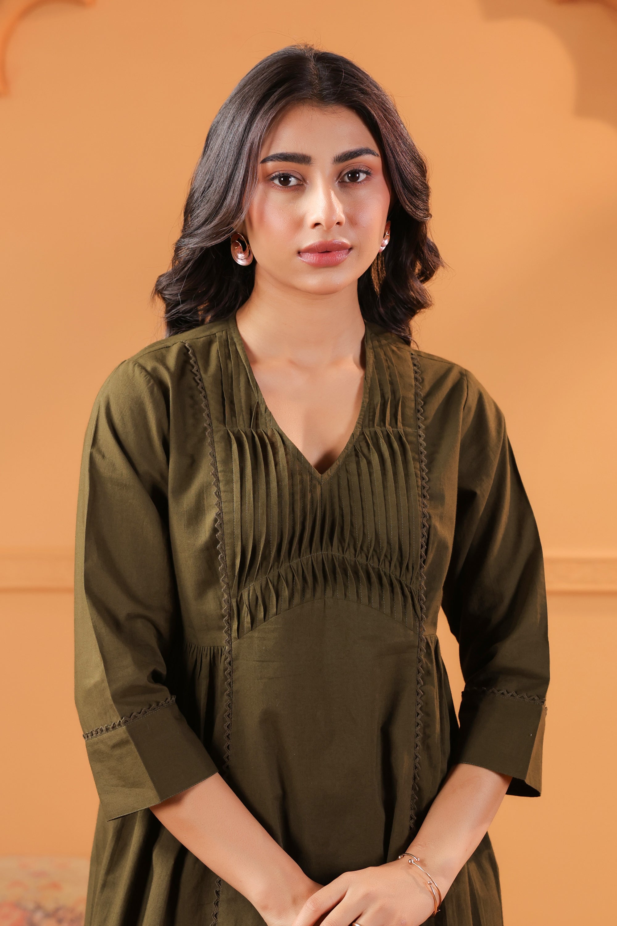 Olive Solid Cotton Minimal Pleated A-Line Kurta Set