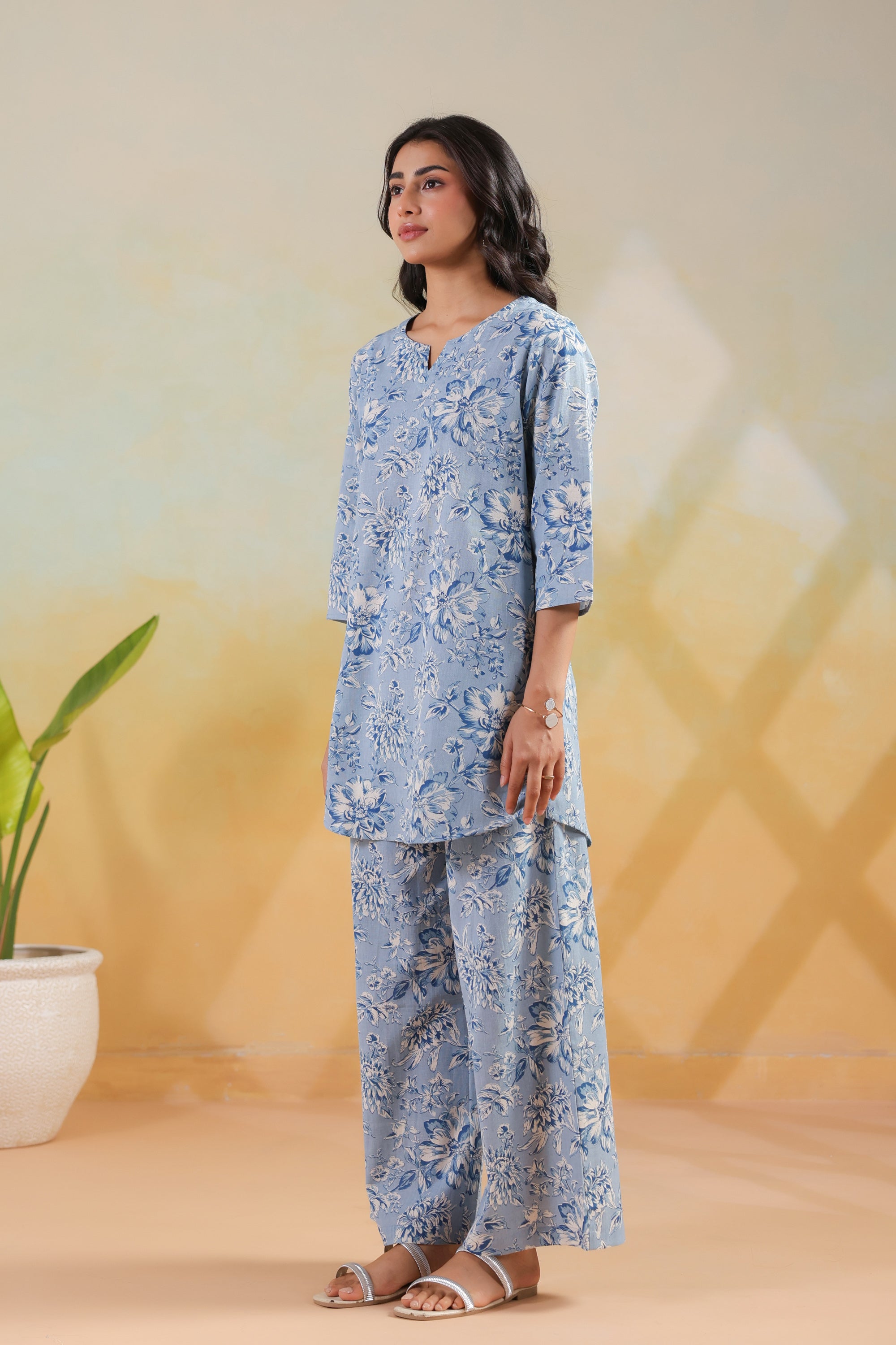 Blue Bloom Printed Cotton Flex Straight Fit Co-ord Set