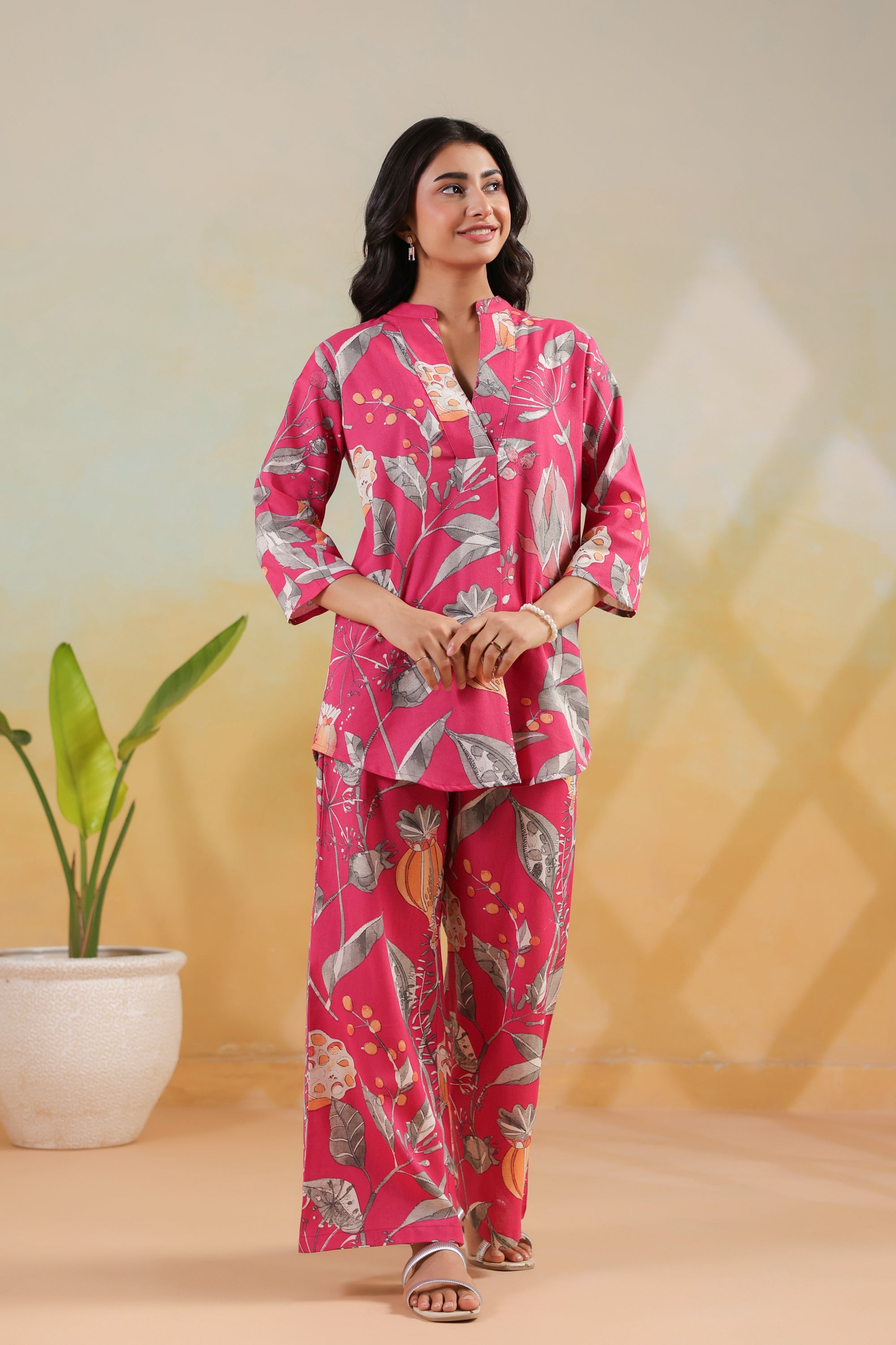 Pink Tropical Leaf Printed Cotton Flex Regular Fit Co-ord Set