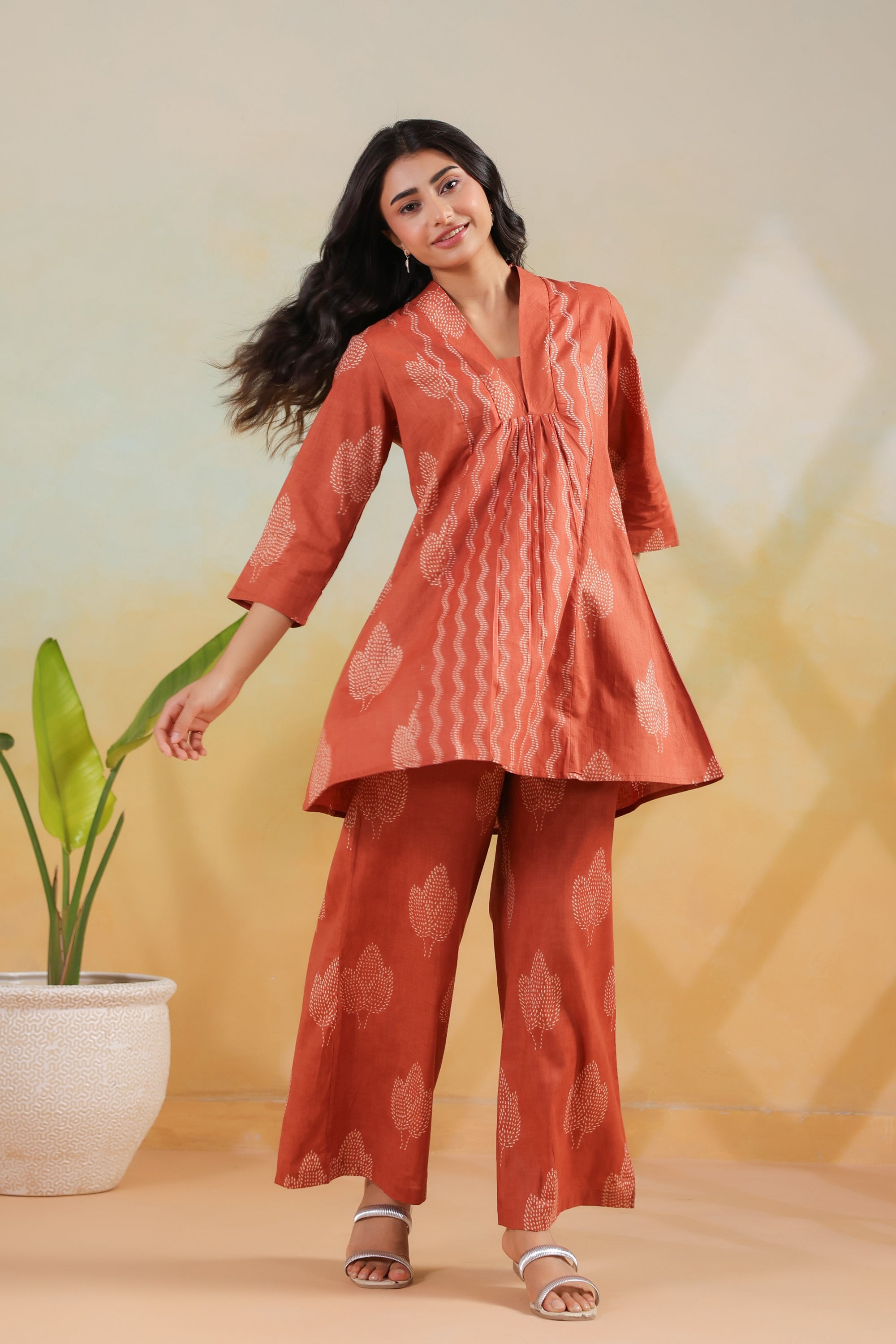 Rust Artisan Vertical Pattern Printed Cotton Co-ord Set