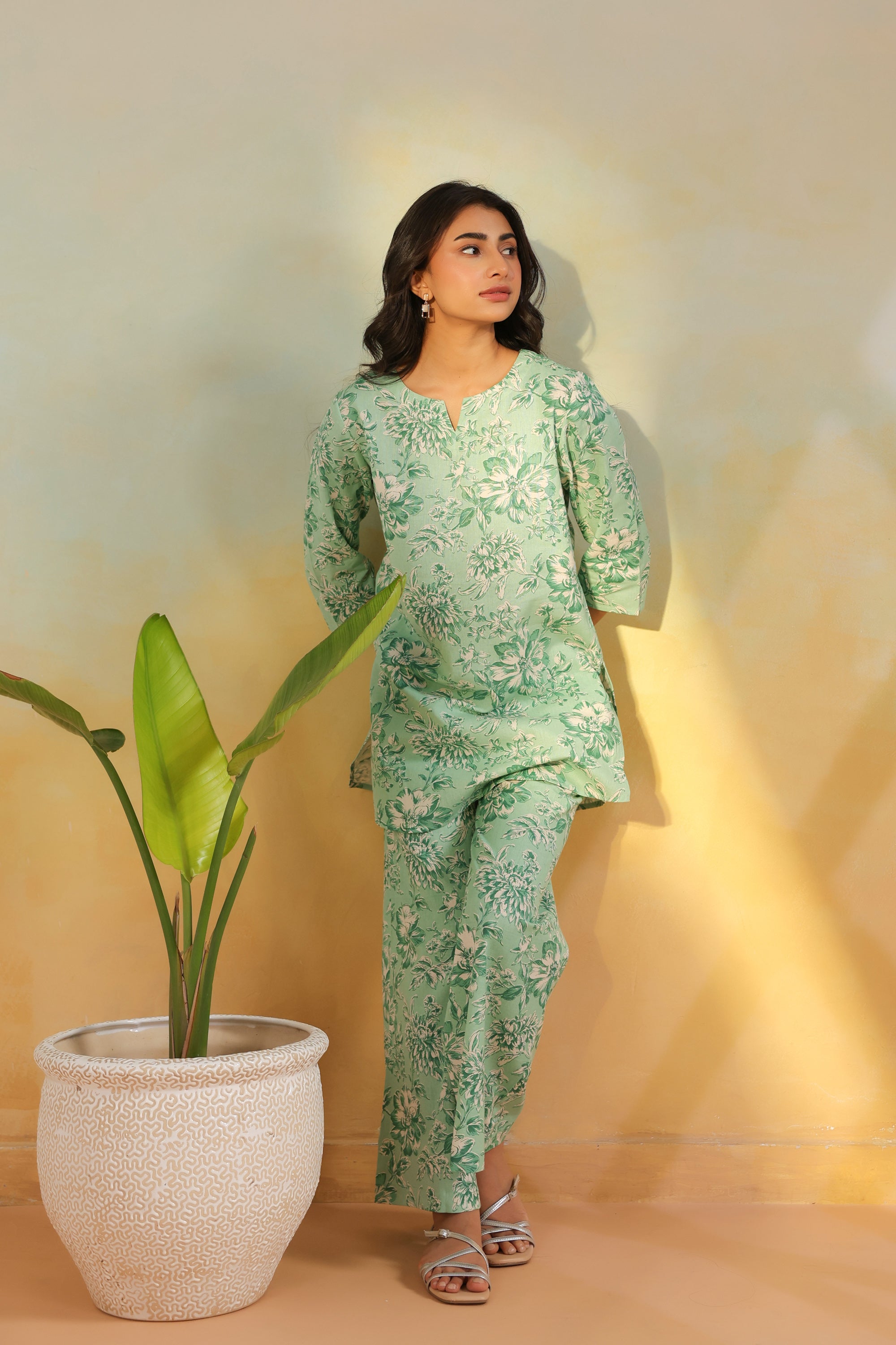 Green Floral Printed Cotton Flex Regular Fit Co-ord Set