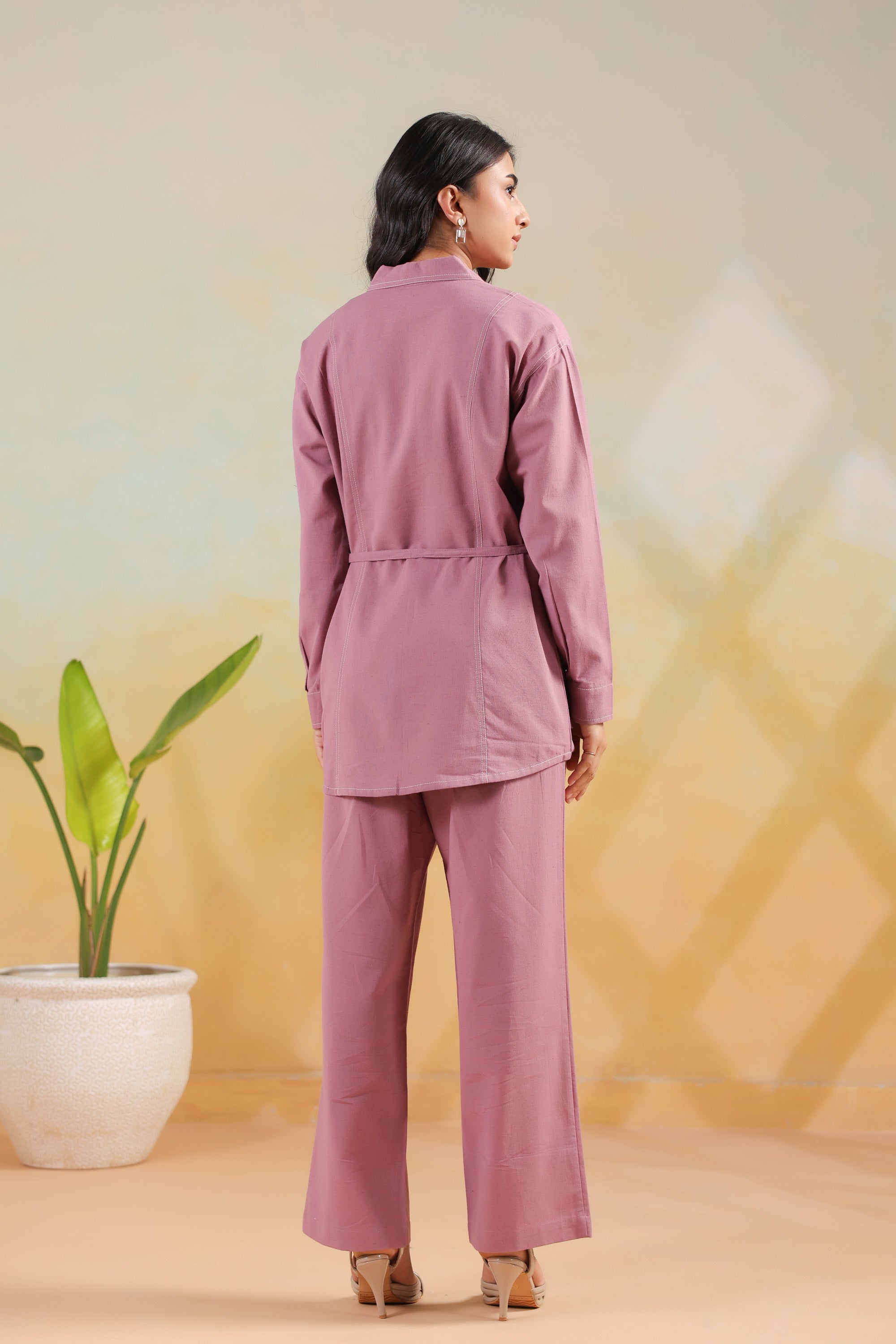 Pink Waist-Tie Belted Shirt Solid Cotton Flex Co-ord Set