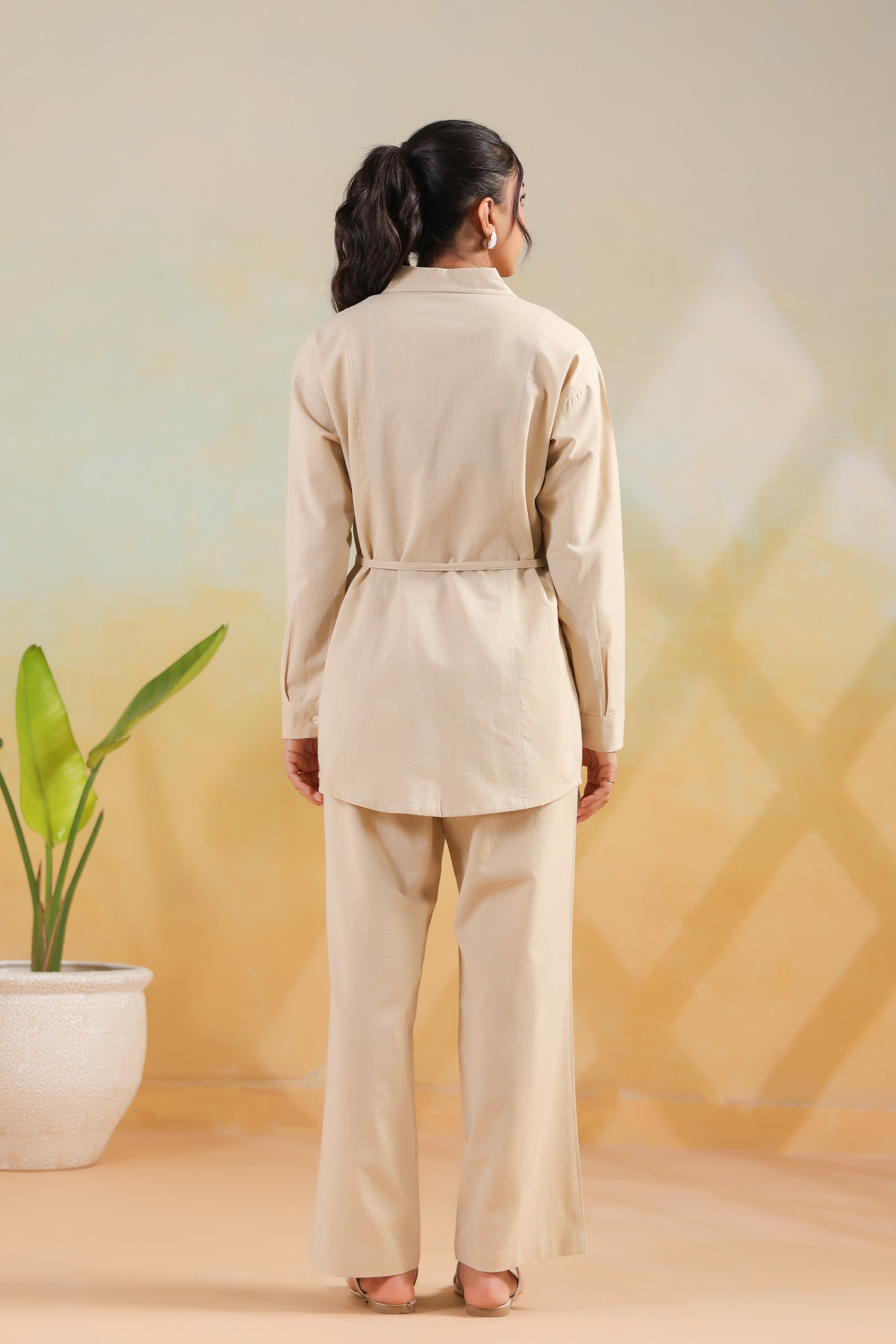 Beige Waist-Tie Structured Shirt Solid Cotton Flex Co-ord Set