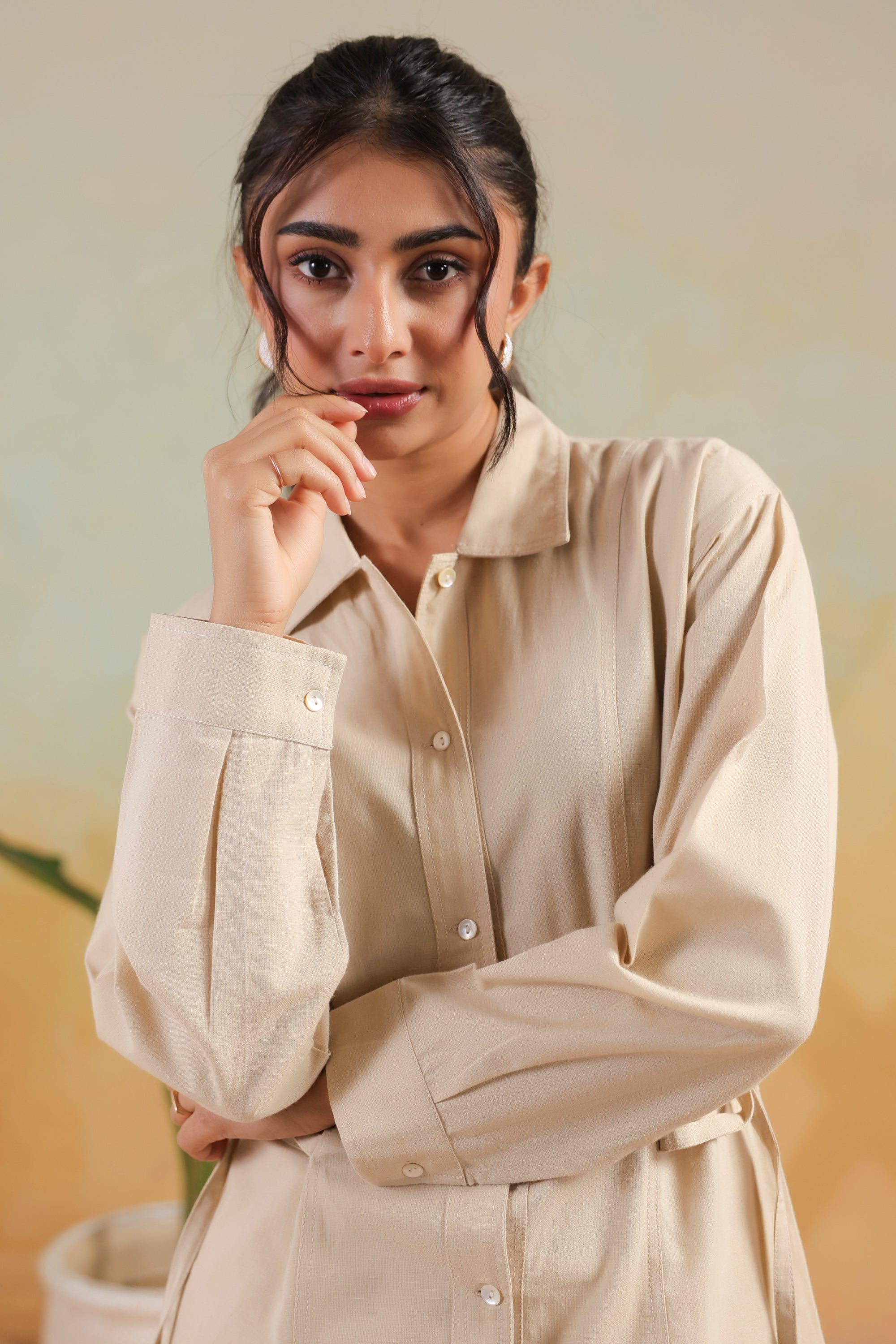 Beige Waist-Tie Structured Shirt Solid Cotton Flex Co-ord Set