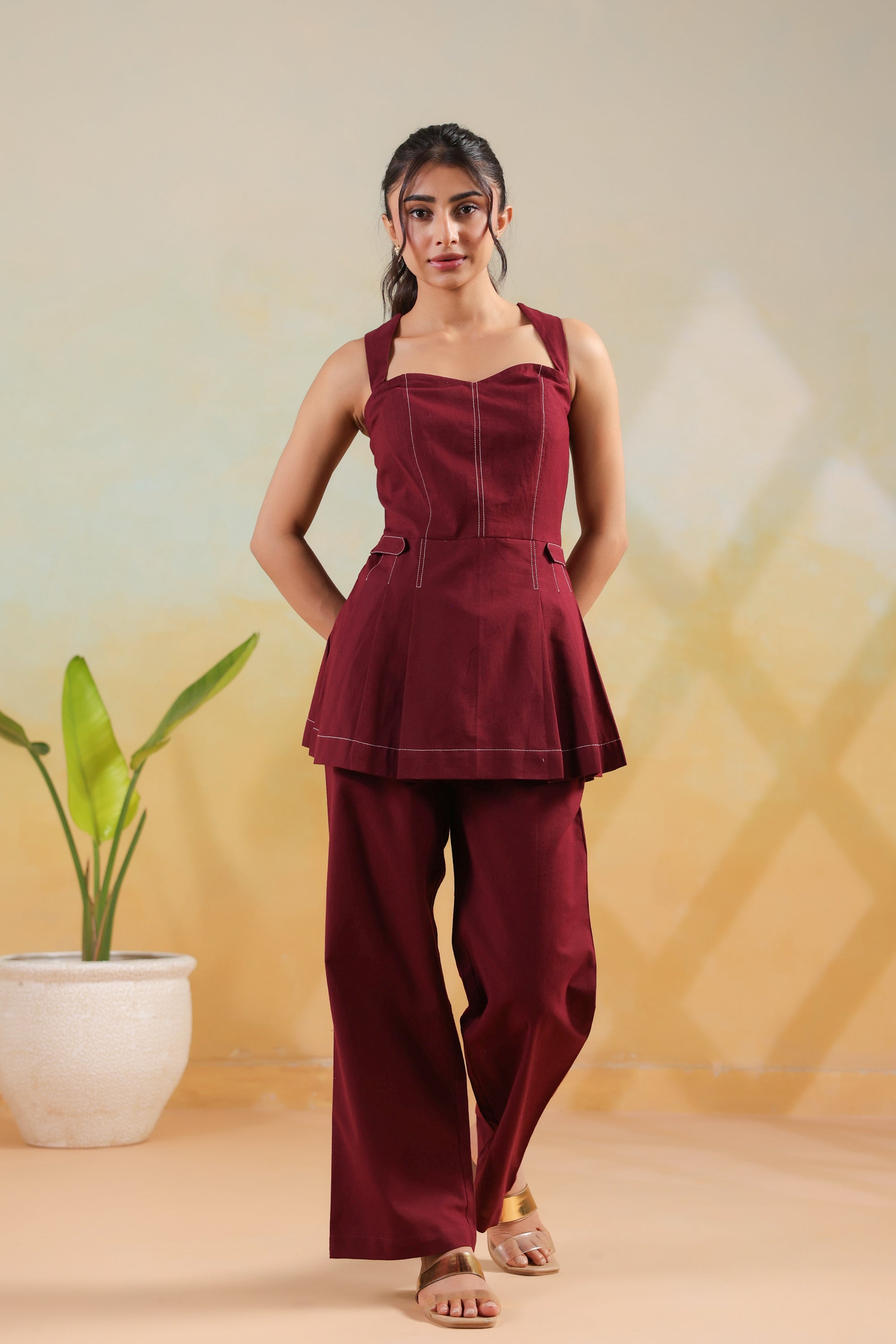 Wine Solid Cotton Flex Structured Peplum Designer Co-ord Set with Wide Pants
