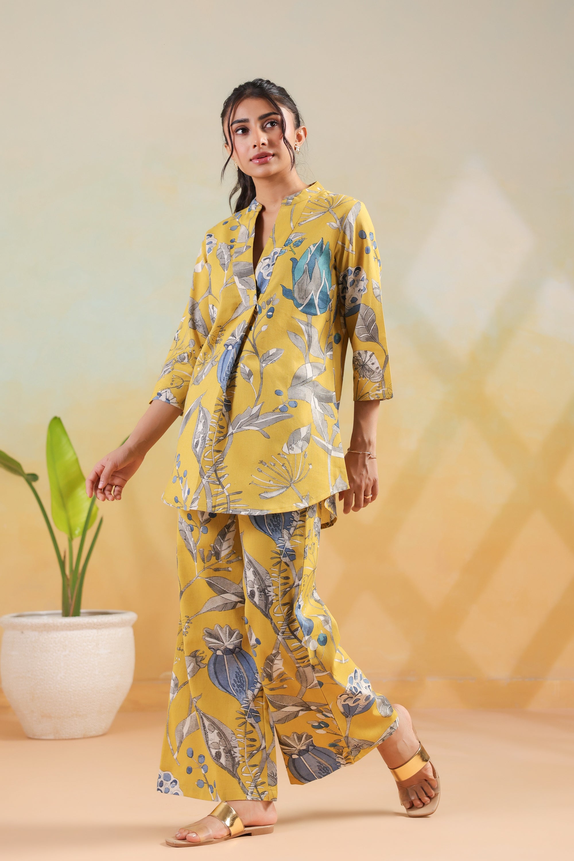 Mustard Sunshine Floral Leaf Printed Regular Fit Cotton Flex Co-ord Set