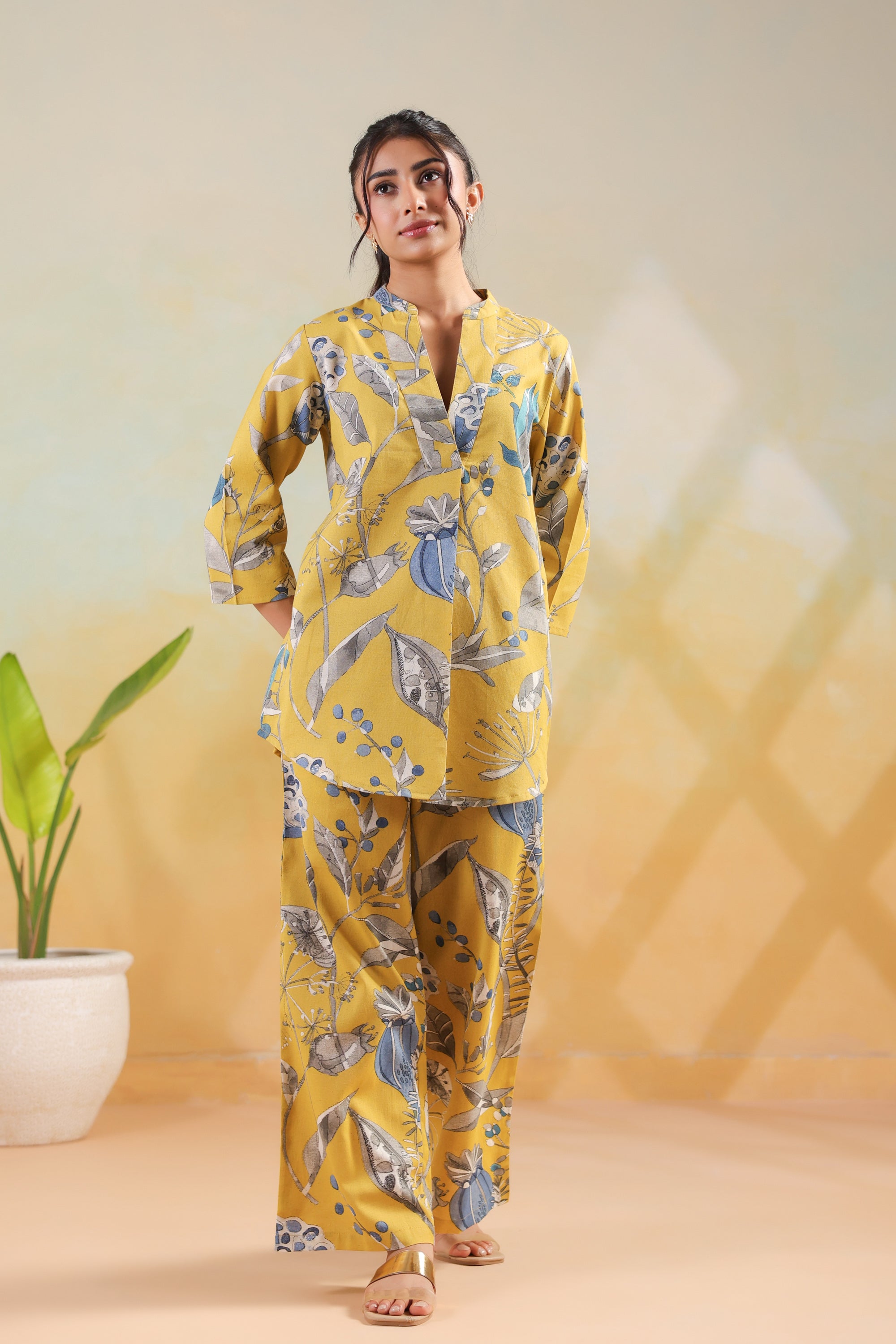 Mustard Sunshine Floral Leaf Printed Regular Fit Cotton Flex Co-ord Set