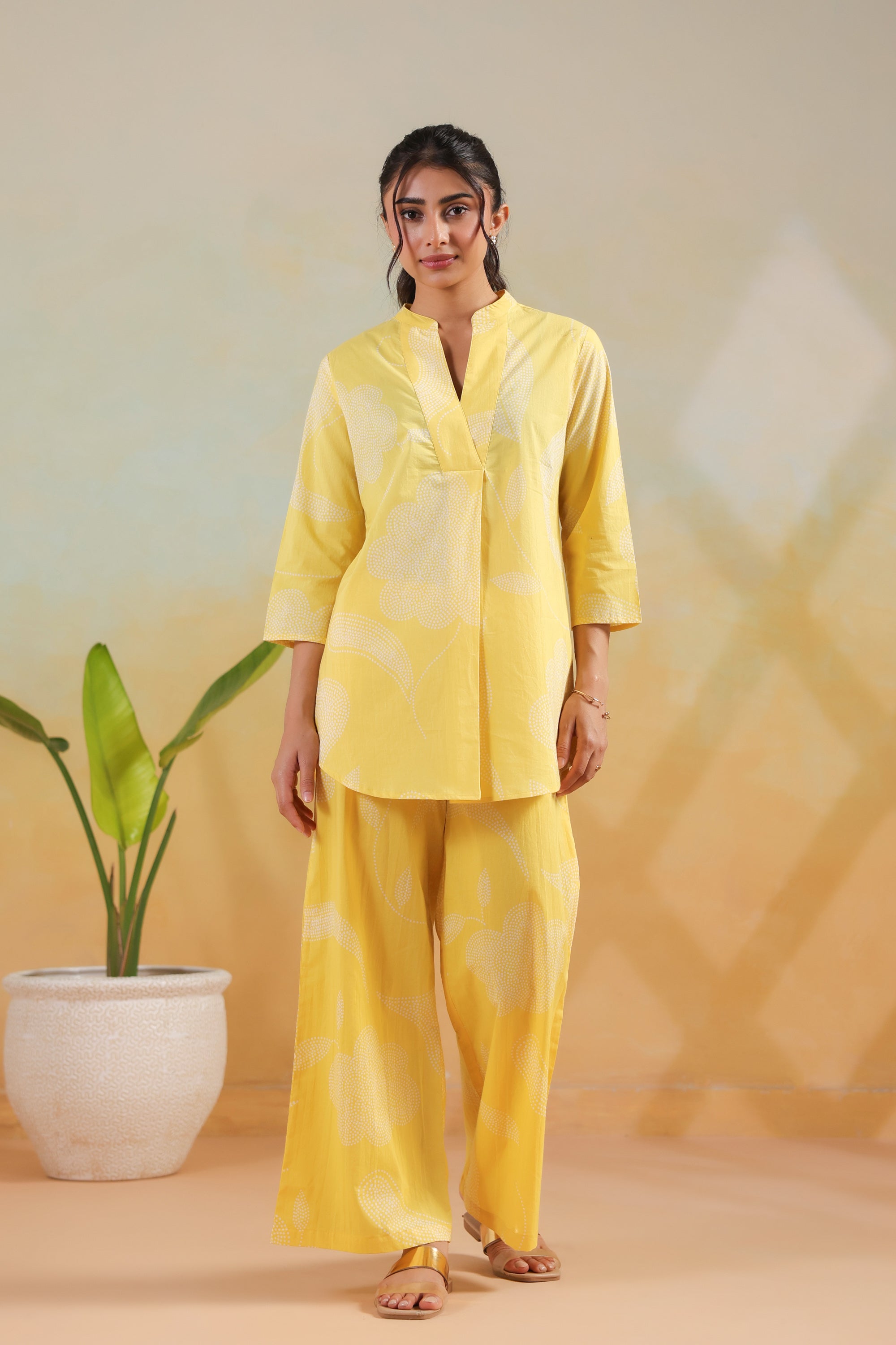 Pastel Yellow Floral Printed Casual Cotton Flex Co-ord Set