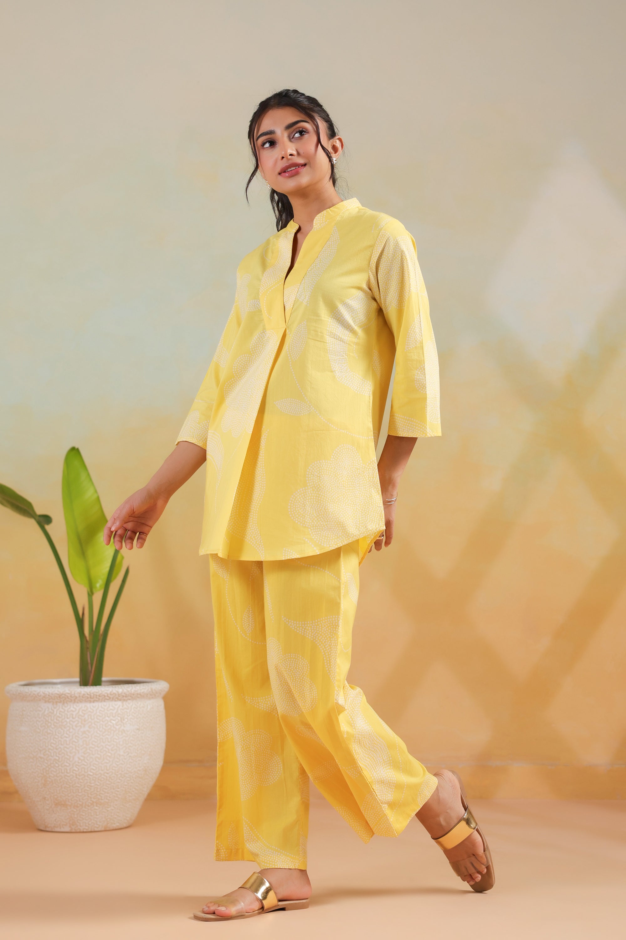 Pastel Yellow Floral Printed Casual Cotton Flex Co-ord Set