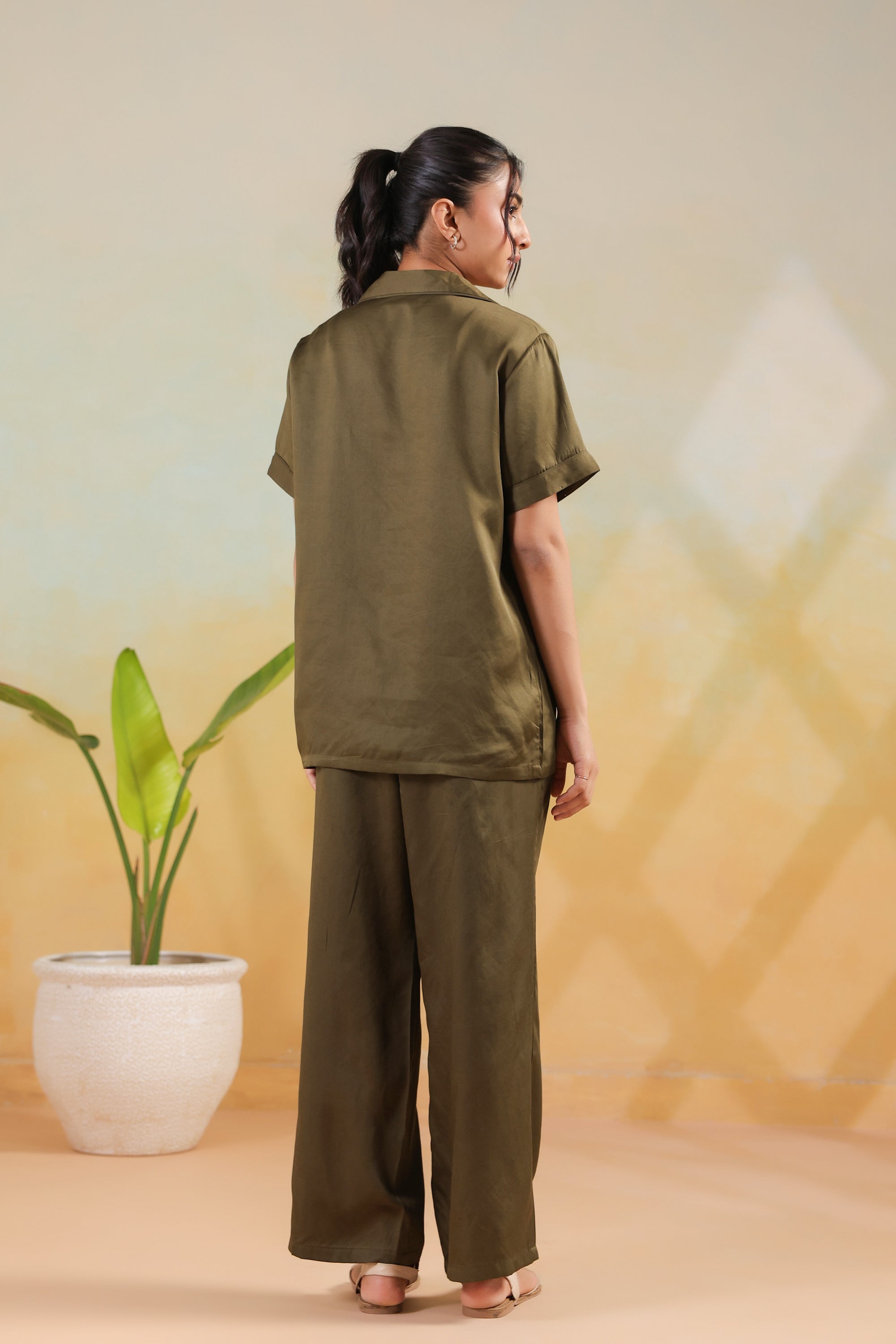 Olive Solid Button-Down Shirt Style Cotton Sleepwear Night Suit Set