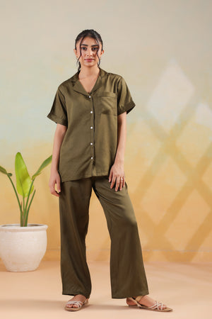 Olive Solid Button-Down Shirt Style Cotton Sleepwear Night Suit Set
