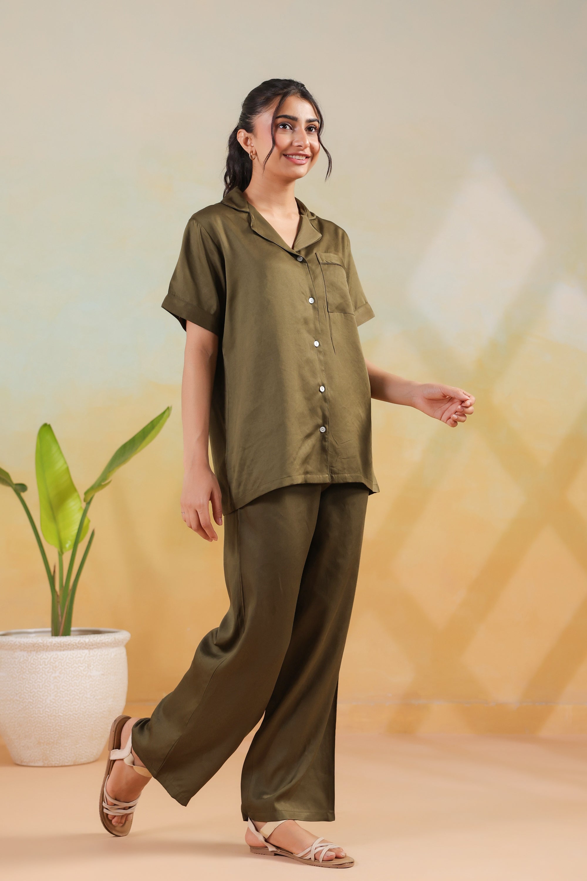 Olive Solid Button-Down Shirt Style Cotton Sleepwear Night Suit Set