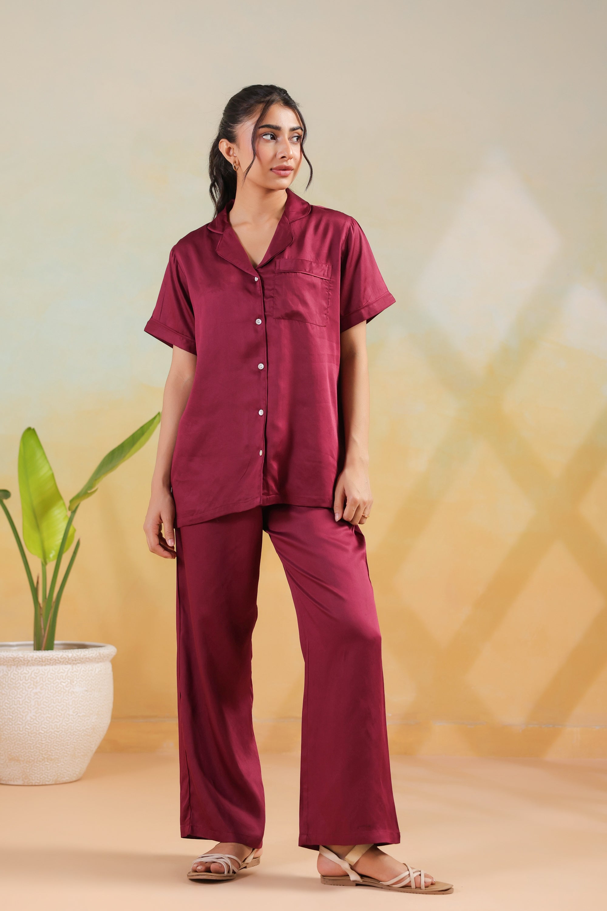 Wine Solid Shirt Comfort Cotton Nightwear Night Suit Set