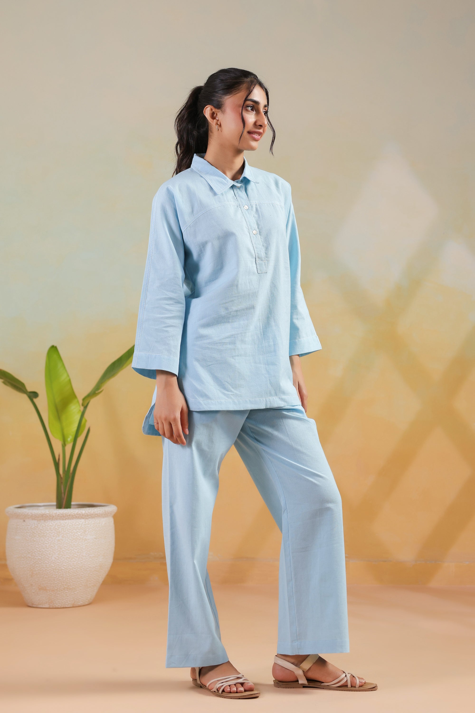 Light Blue Buttoned Modern Solid Classic Shirt Style Cotton Flex Co-ord Set