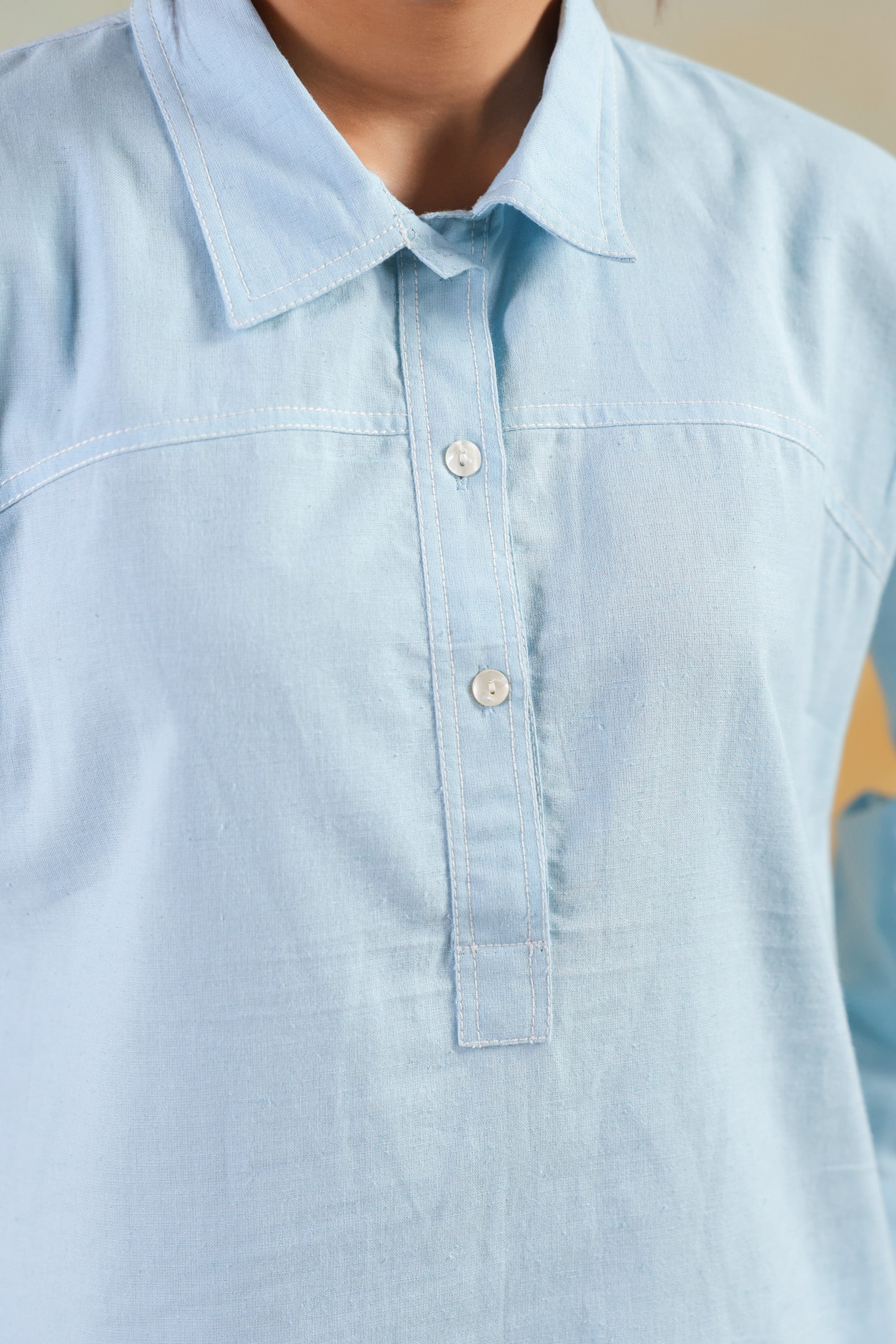 Light Blue Buttoned Modern Solid Classic Shirt Style Cotton Flex Co-ord Set