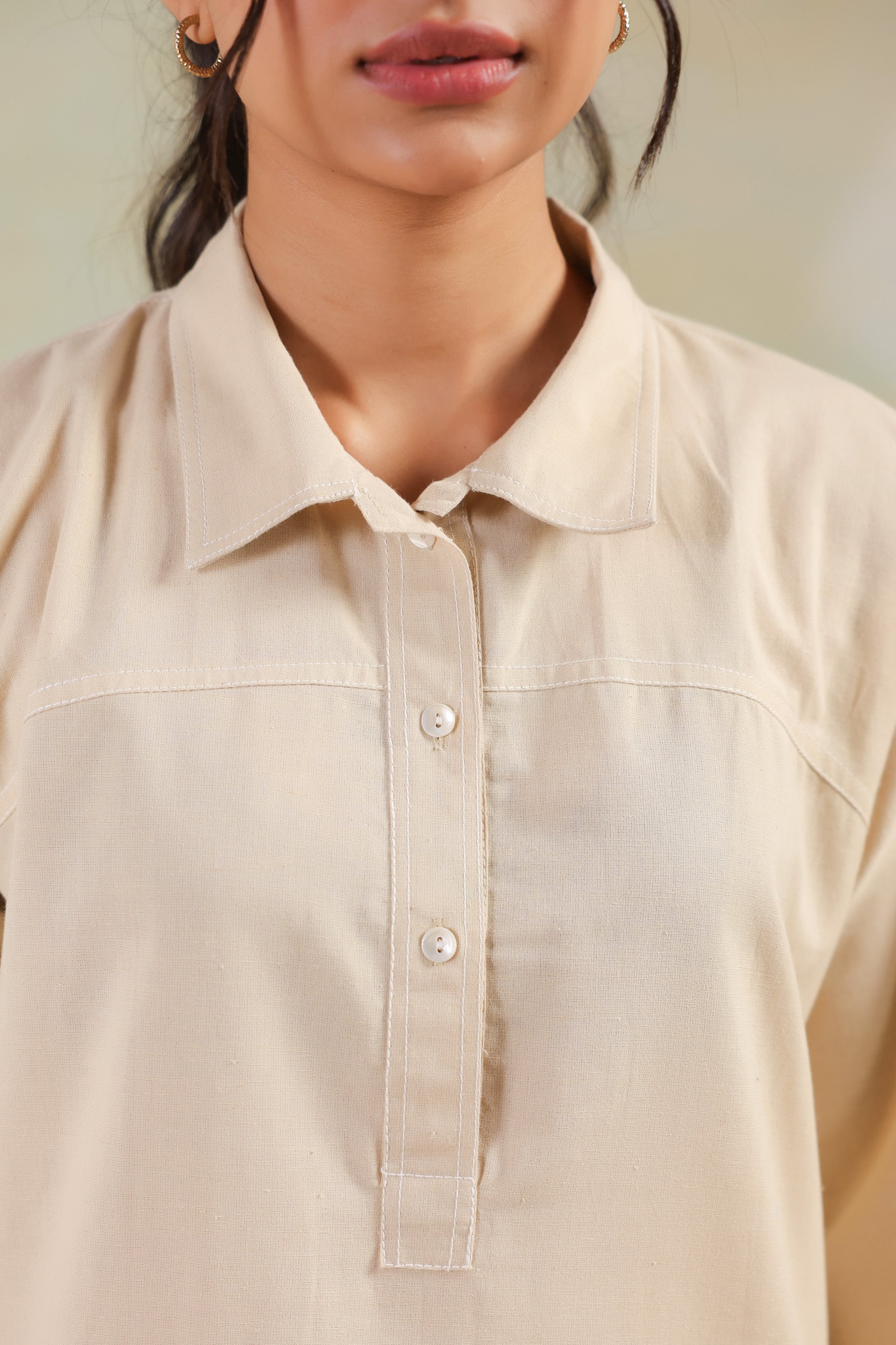 Beige Solid Cotton Flex Shirt Style Everyday Comfort Co-ord Set
