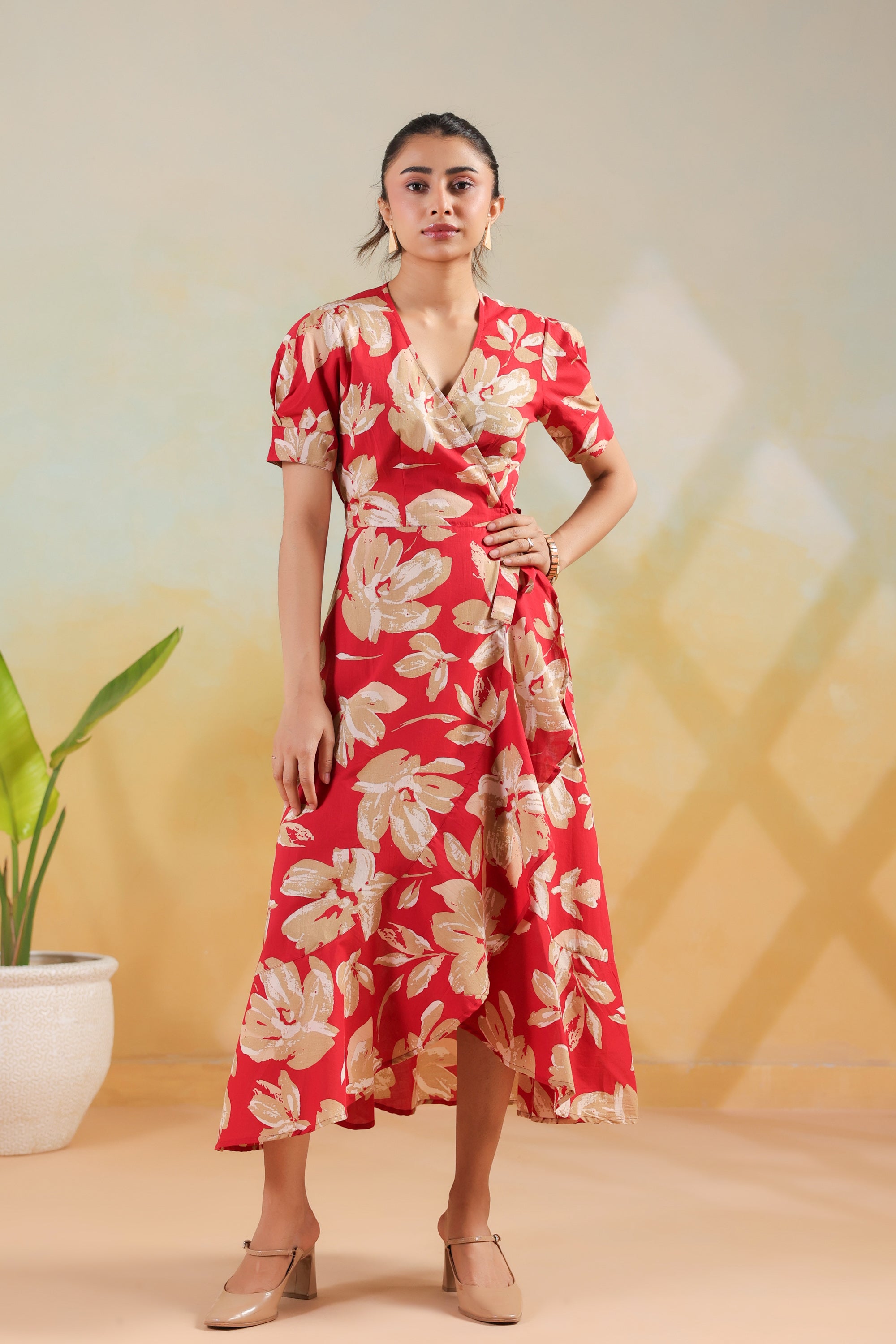 Red Floral Printed Cotton Wrap Style Dress with Tie Detail