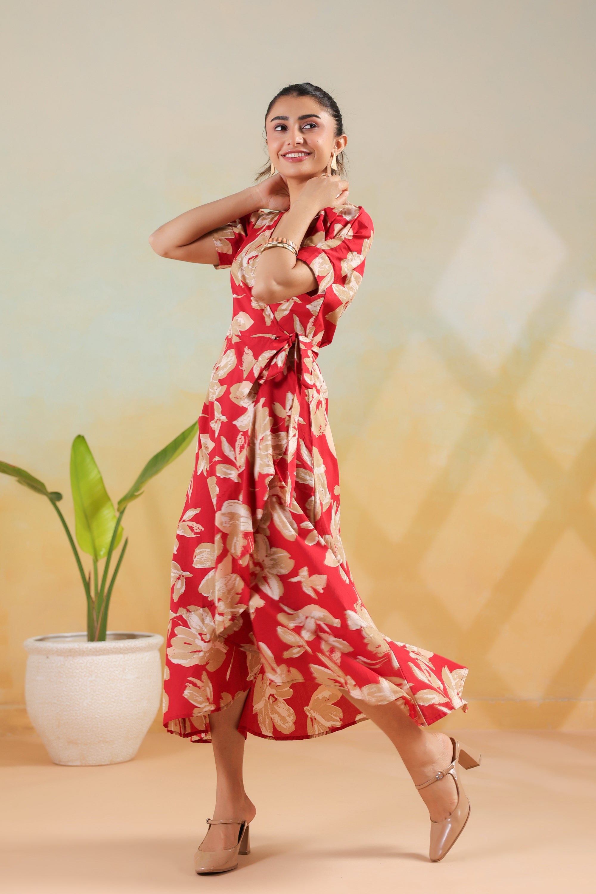 Red Floral Printed Cotton Wrap Style Dress with Tie Detail