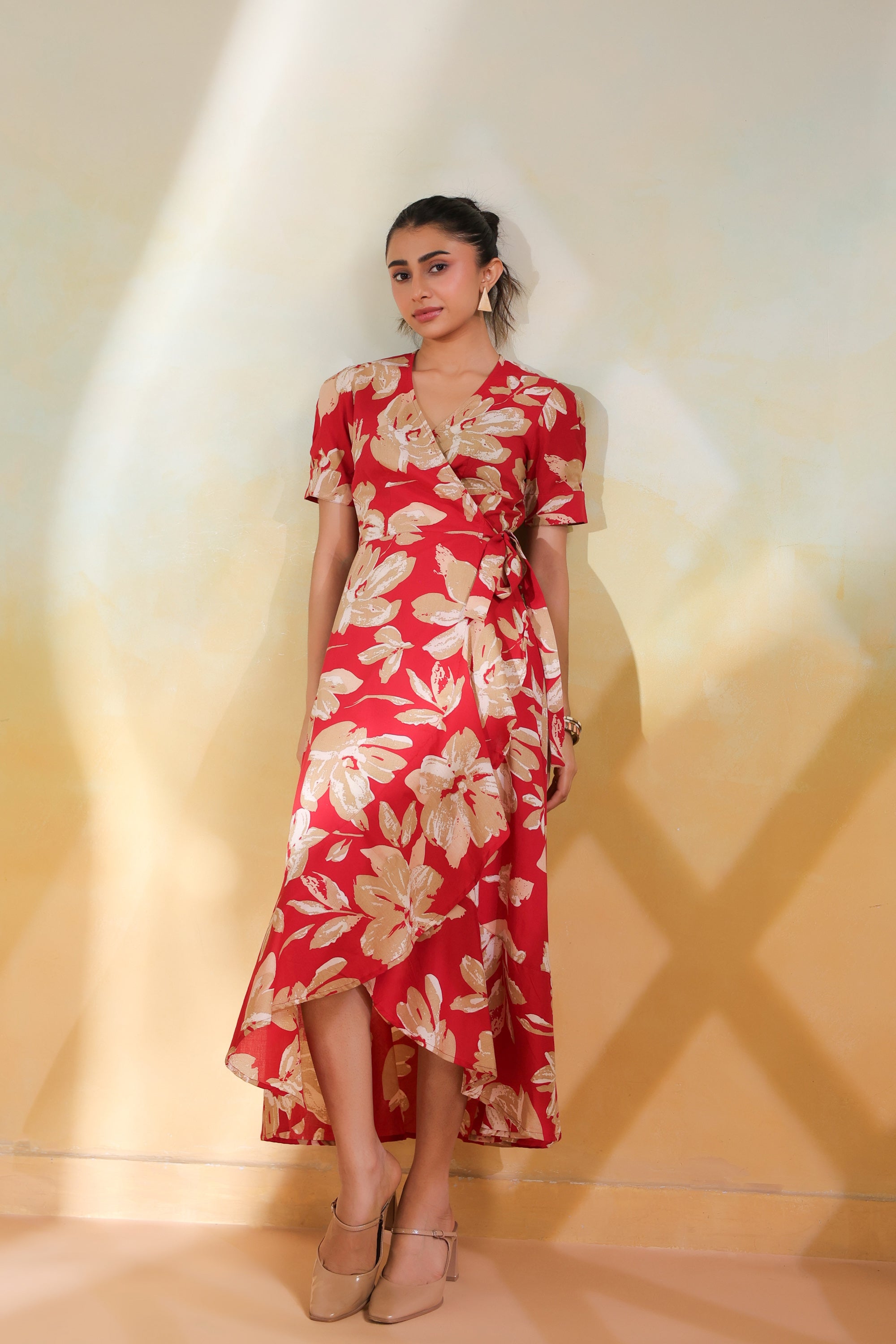 Red Floral Printed Cotton Wrap Style Dress with Tie Detail