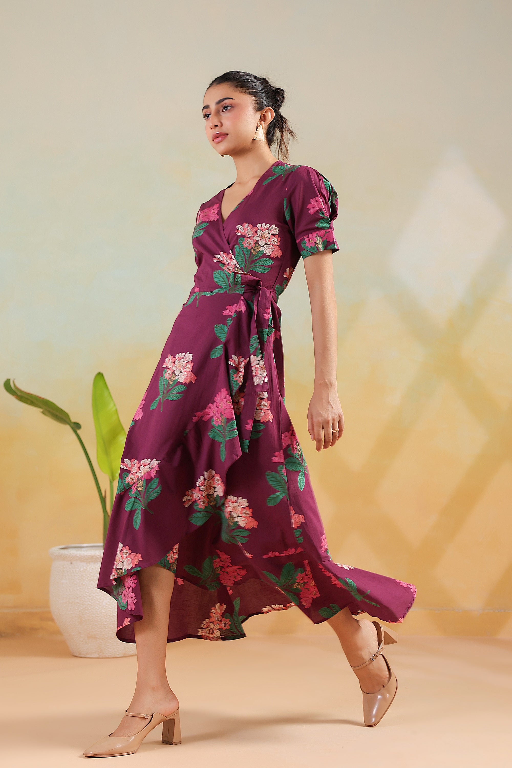 Purple Printed Cotton Floral A-Line Dress with Tie Detail