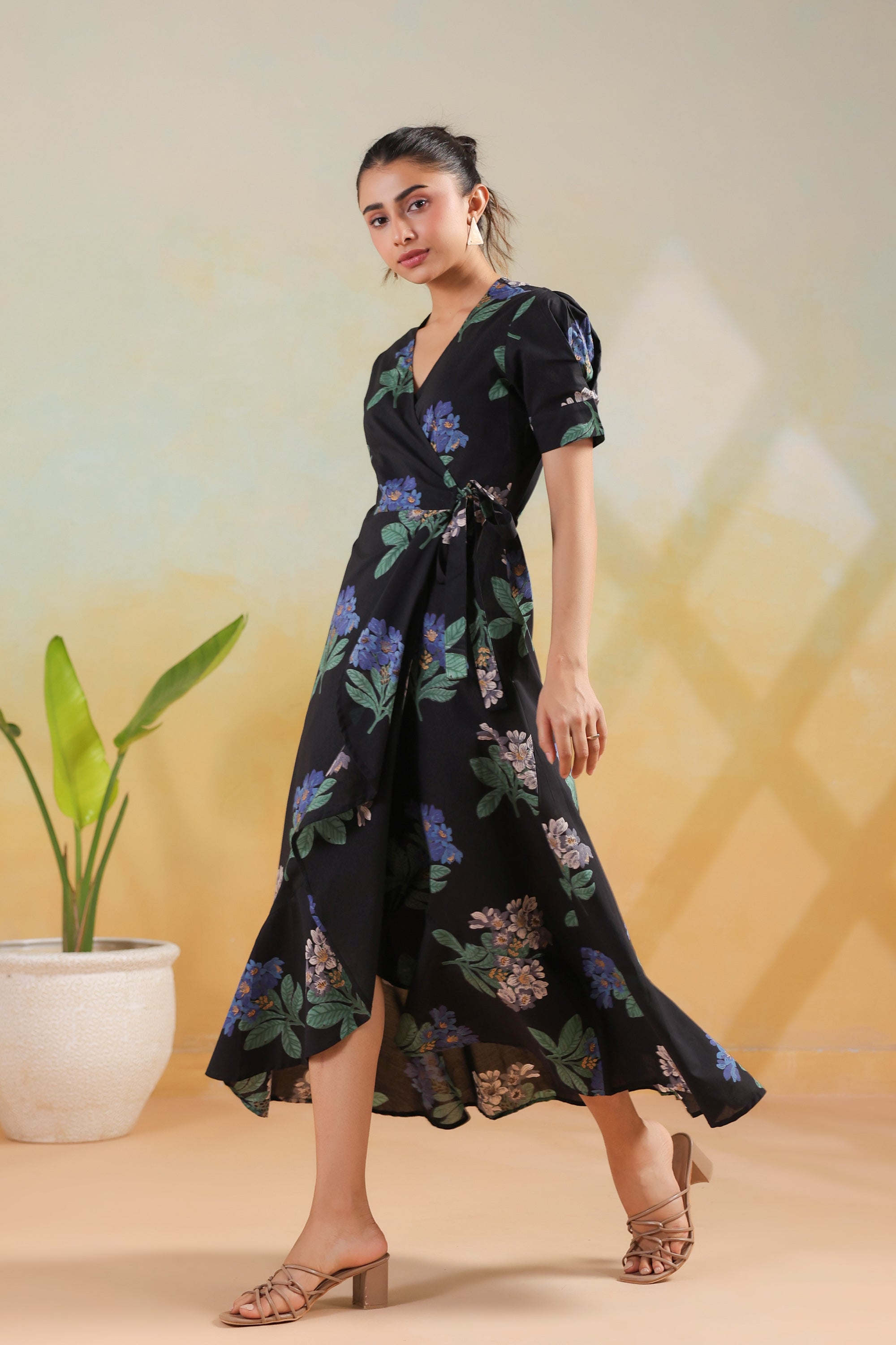 Black Printed Printed Cotton Blossom Wrap Dress with Tie Detail