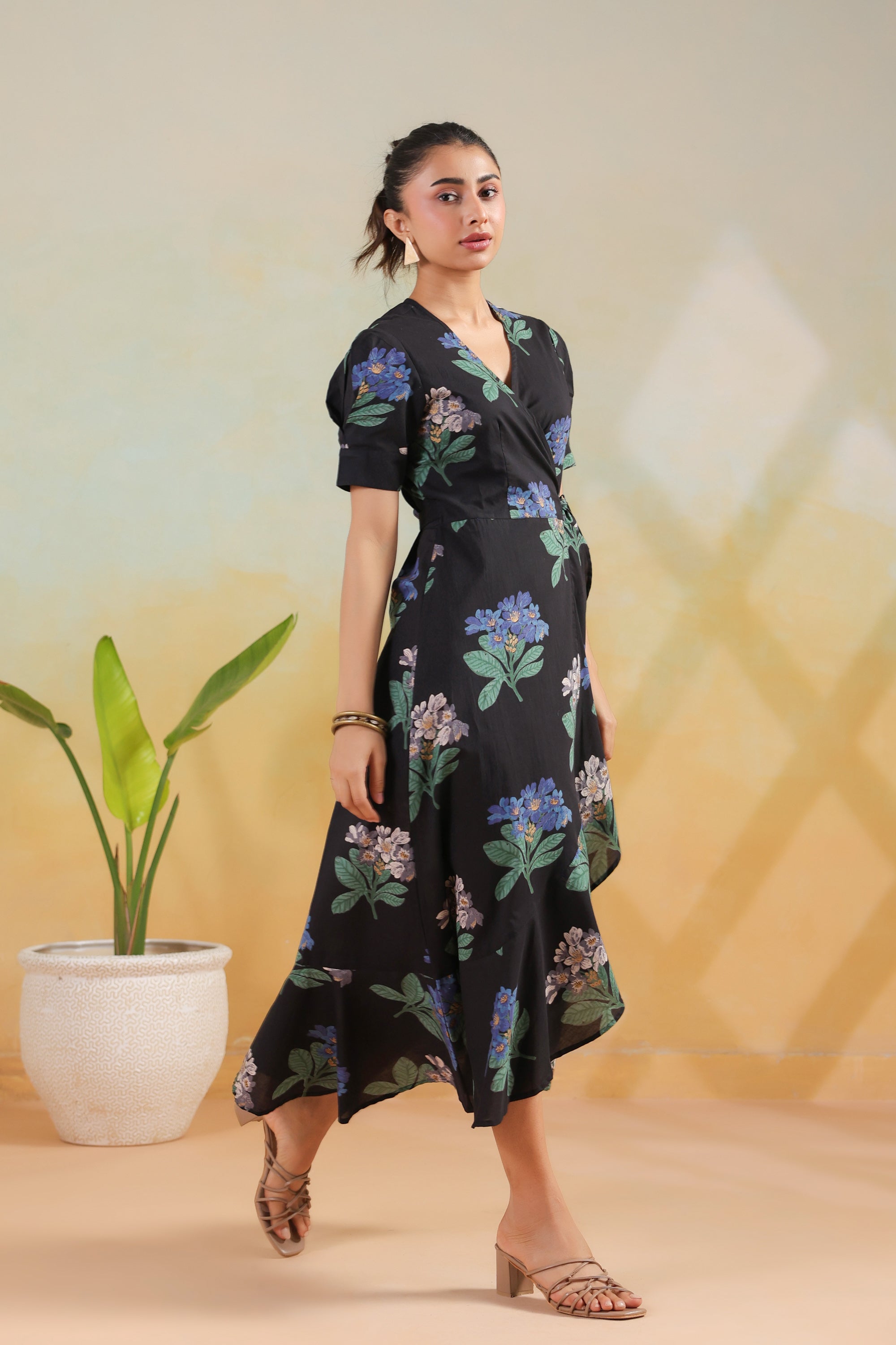Black Printed Printed Cotton Blossom Wrap Dress with Tie Detail