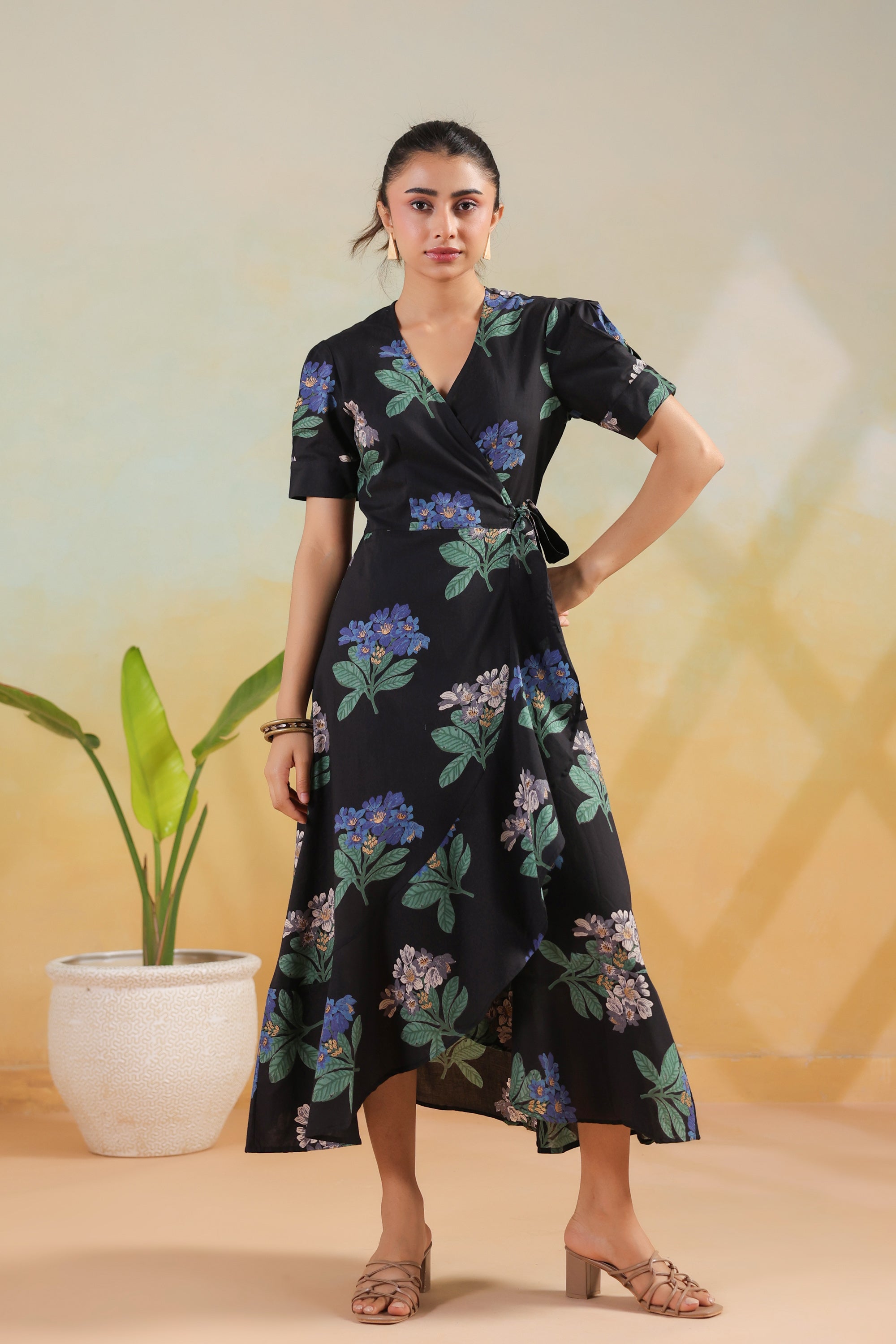 Black Printed Printed Cotton Blossom Wrap Dress with Tie Detail