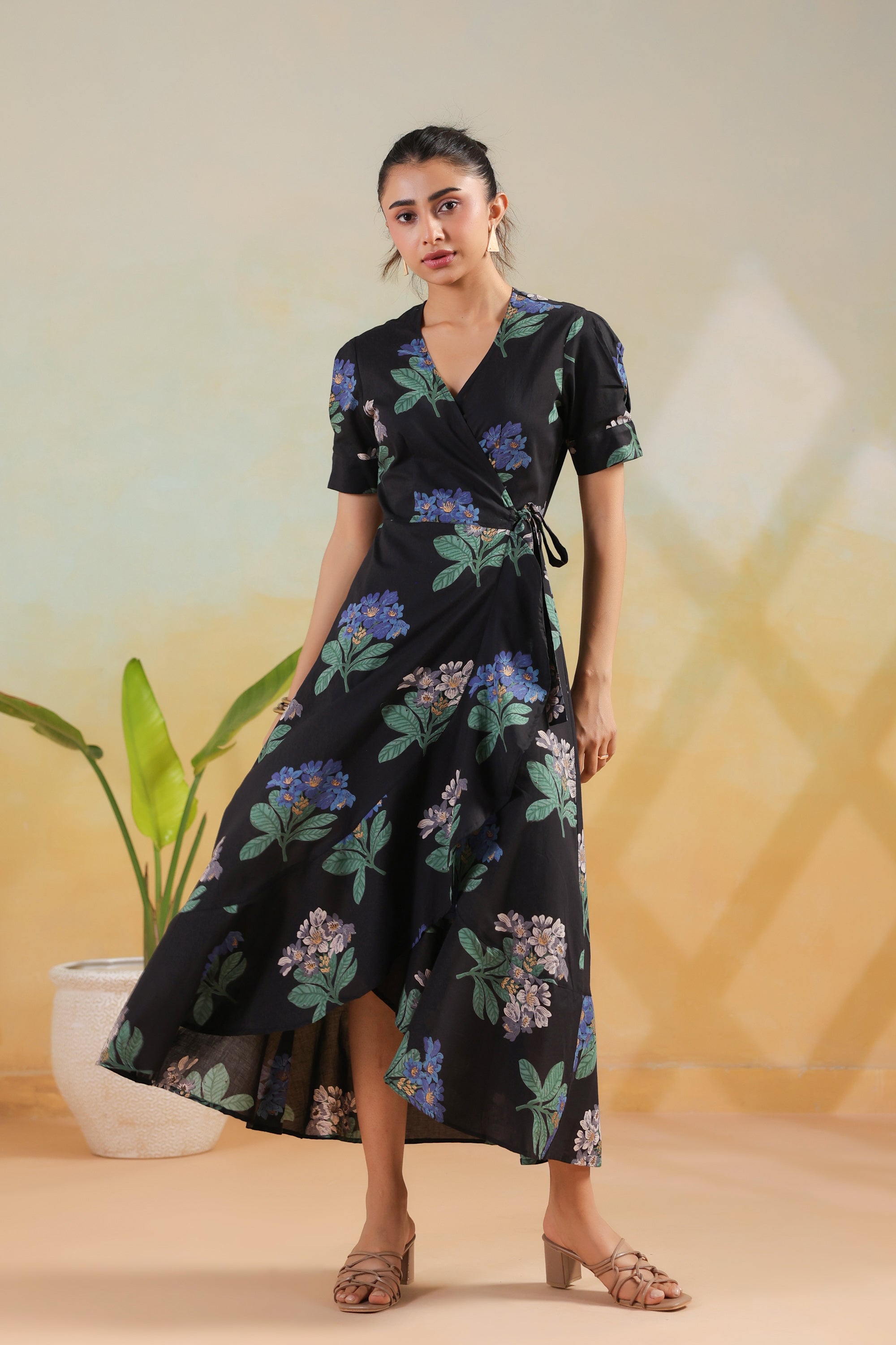 Black Printed Printed Cotton Blossom Wrap Dress with Tie Detail