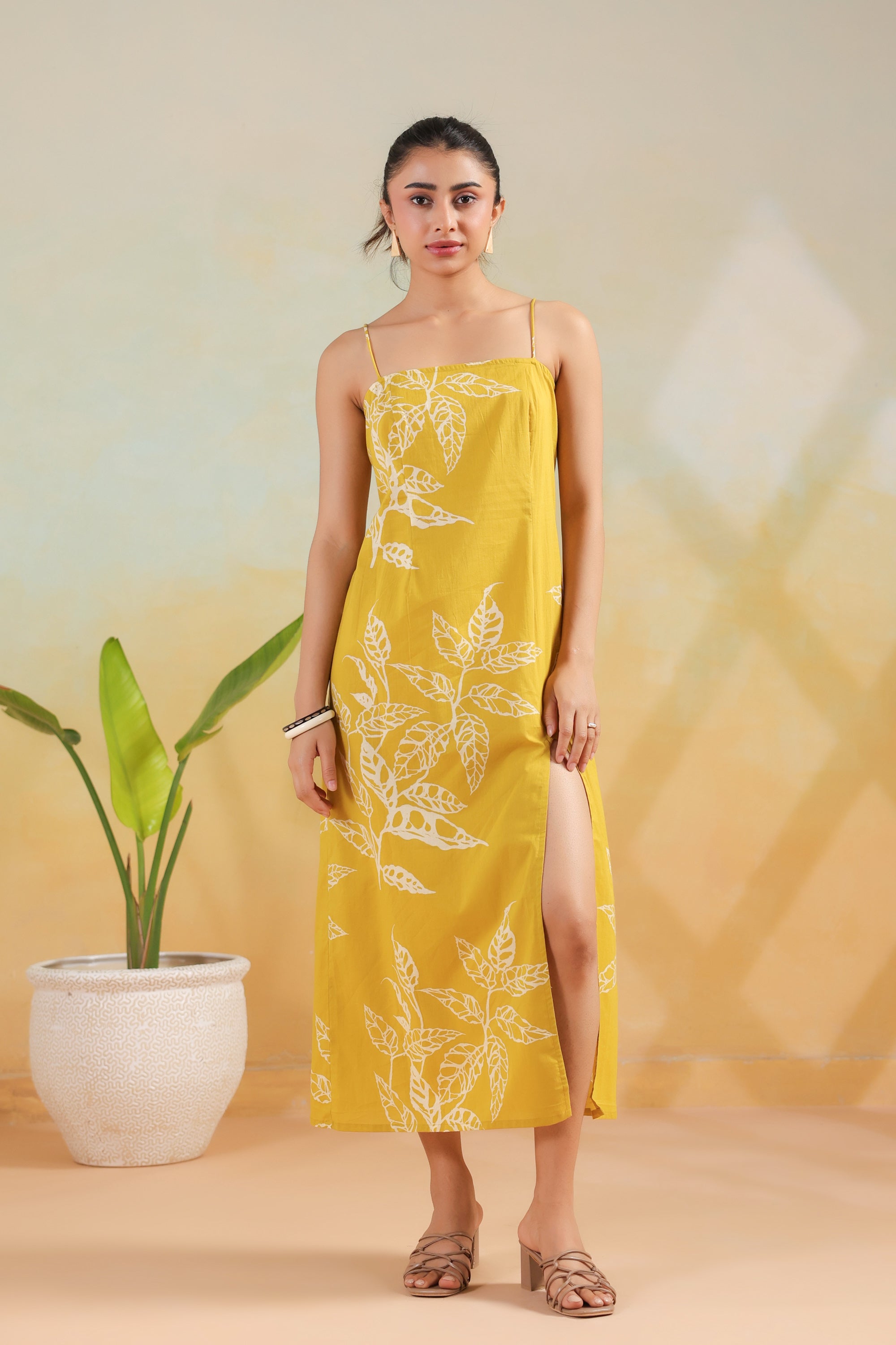 Mustard Leaf Printed Cotton Back Strappy Lace-Up Dress
