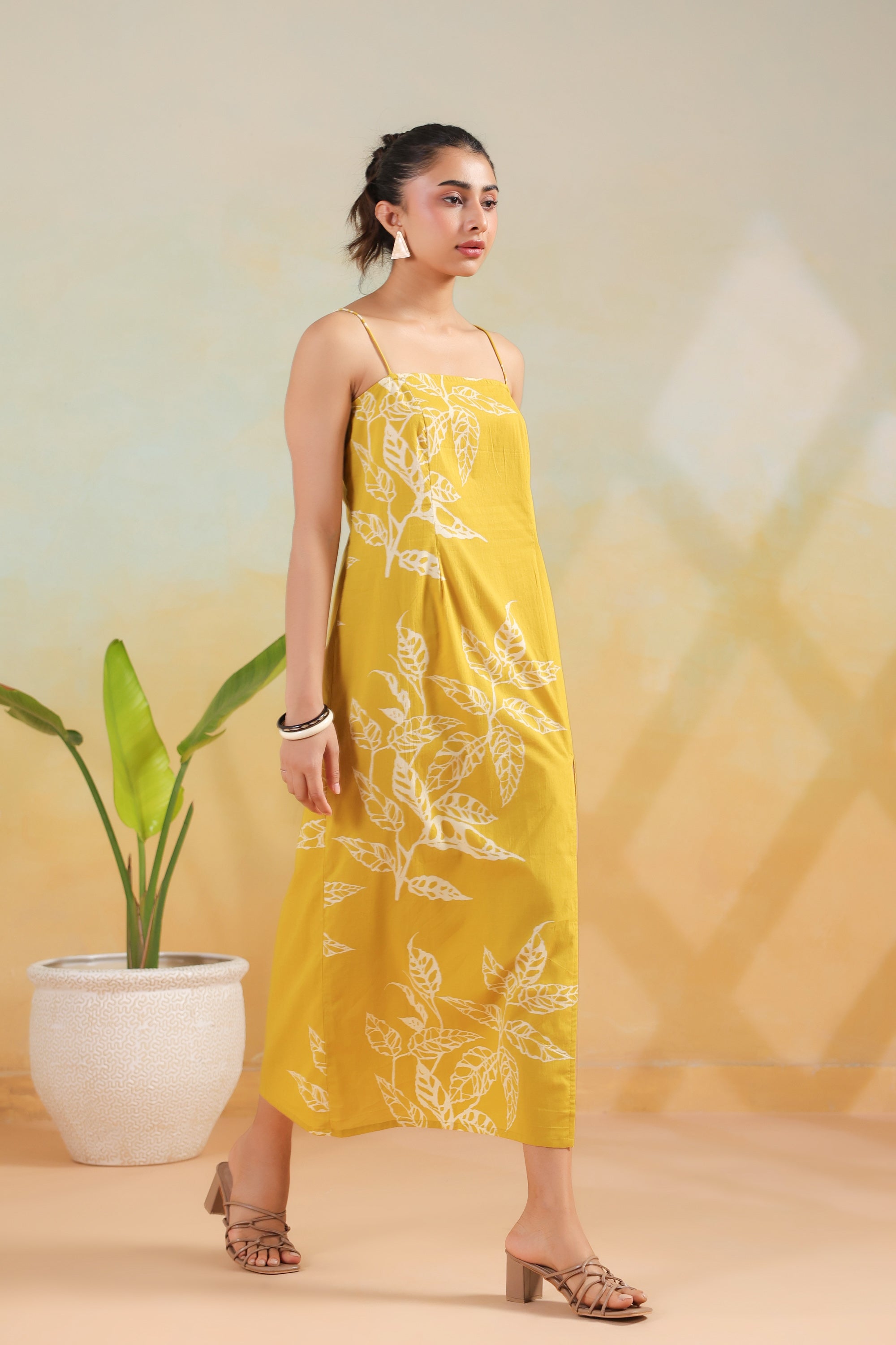 Mustard Leaf Printed Cotton Back Strappy Lace-Up Dress