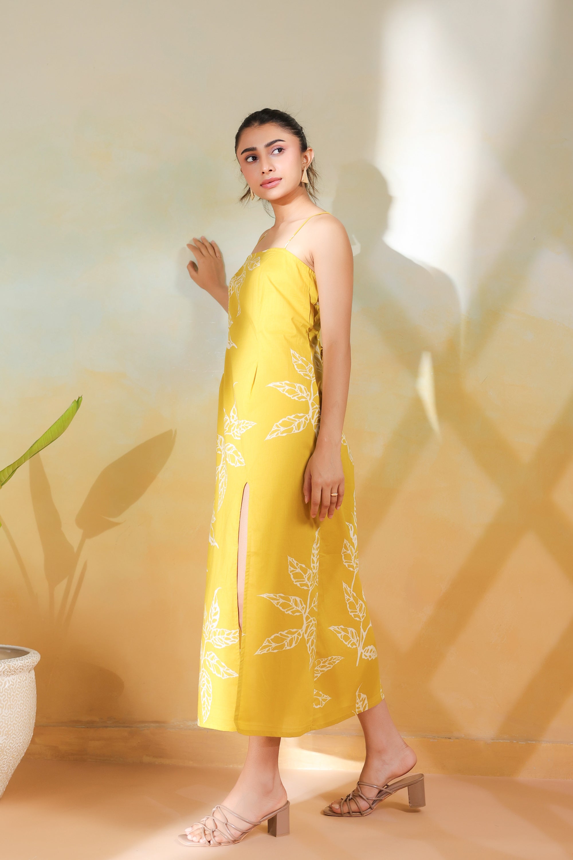 Mustard Leaf Printed Cotton Back Strappy Lace-Up Dress