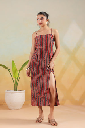 Maroon Tribal Stripe Printed Cotton Back Lace-Up  Dress