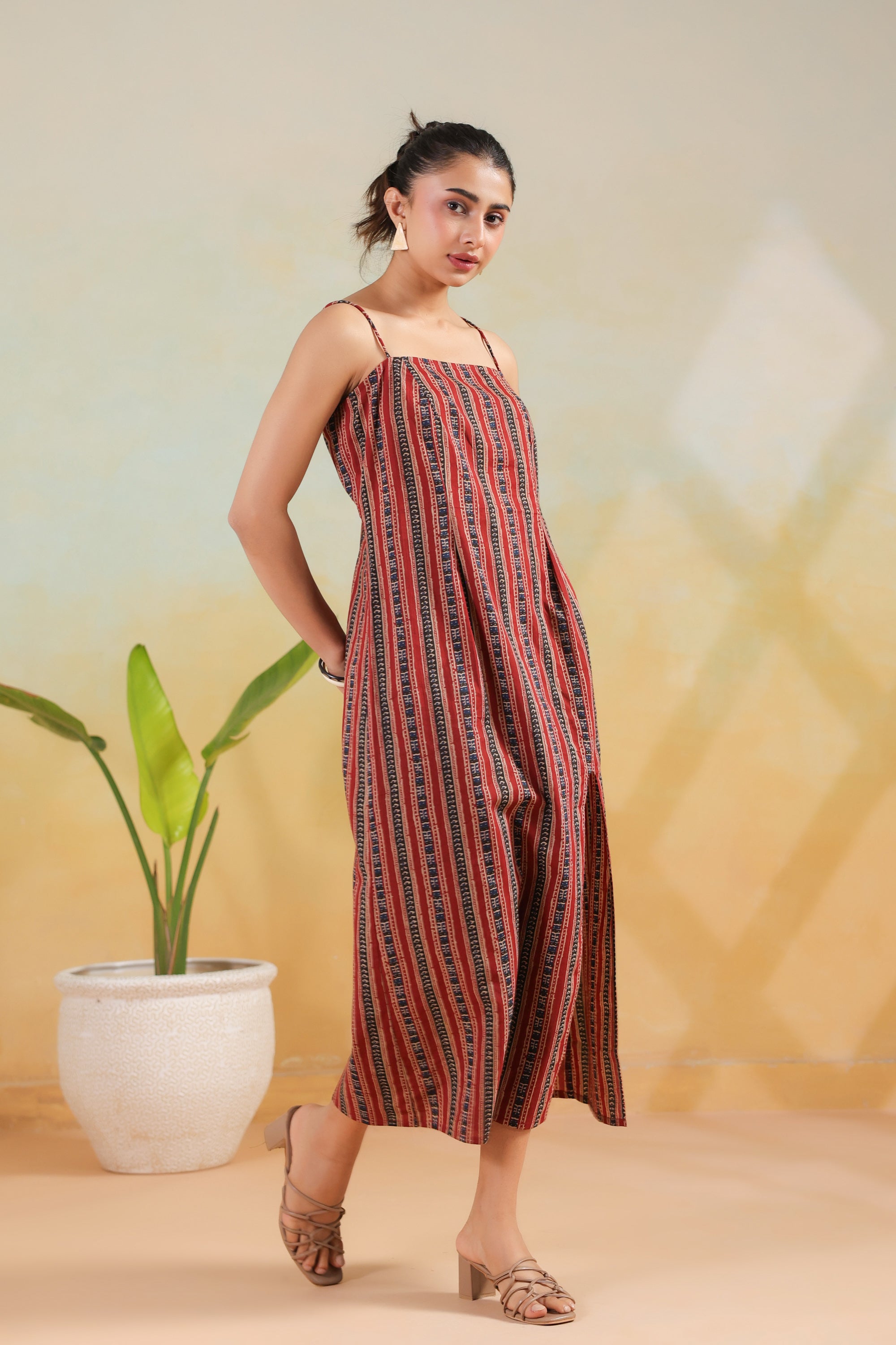 Maroon Tribal Stripe Printed Cotton Back Lace-Up  Dress