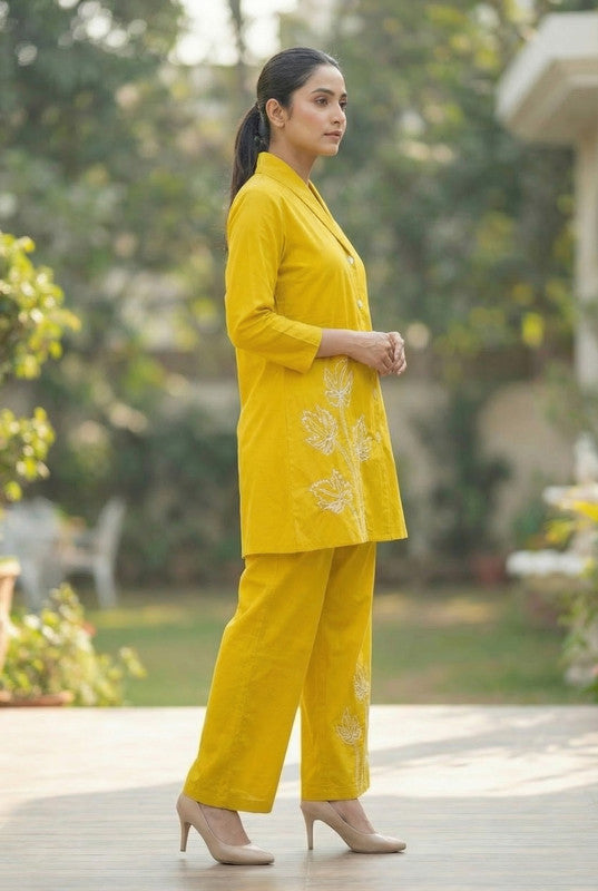Yellow Sunbeam Leaf Embroidered Button-Down Cotton Co-ord Set