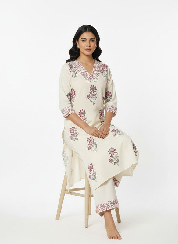 Ivory Floral Printed Ethnic Kurta Palazzo Set with Neck & Cuff Detailing