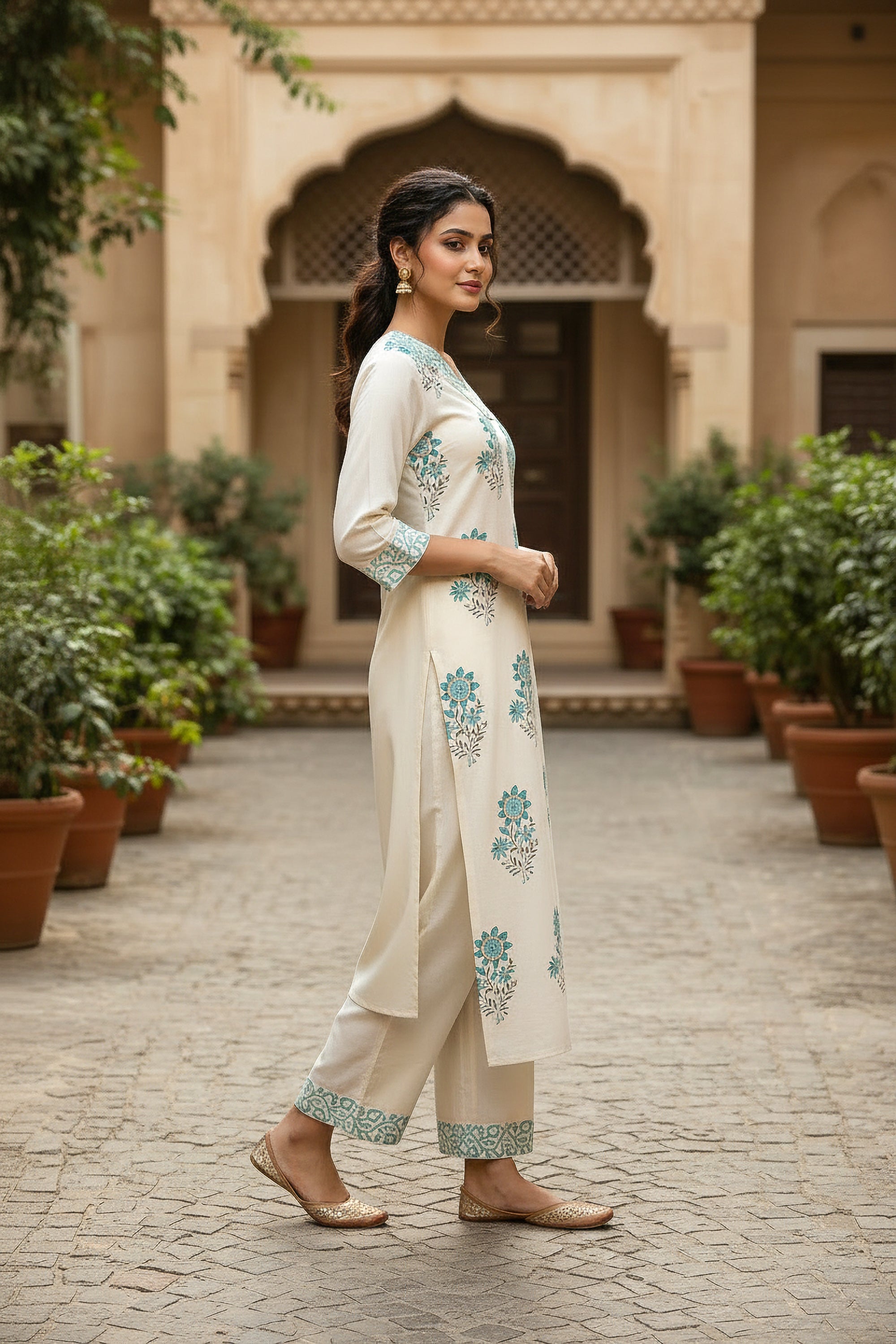 Cream & Aqua Floral Printed Straight Kurta with Palazzo Pants