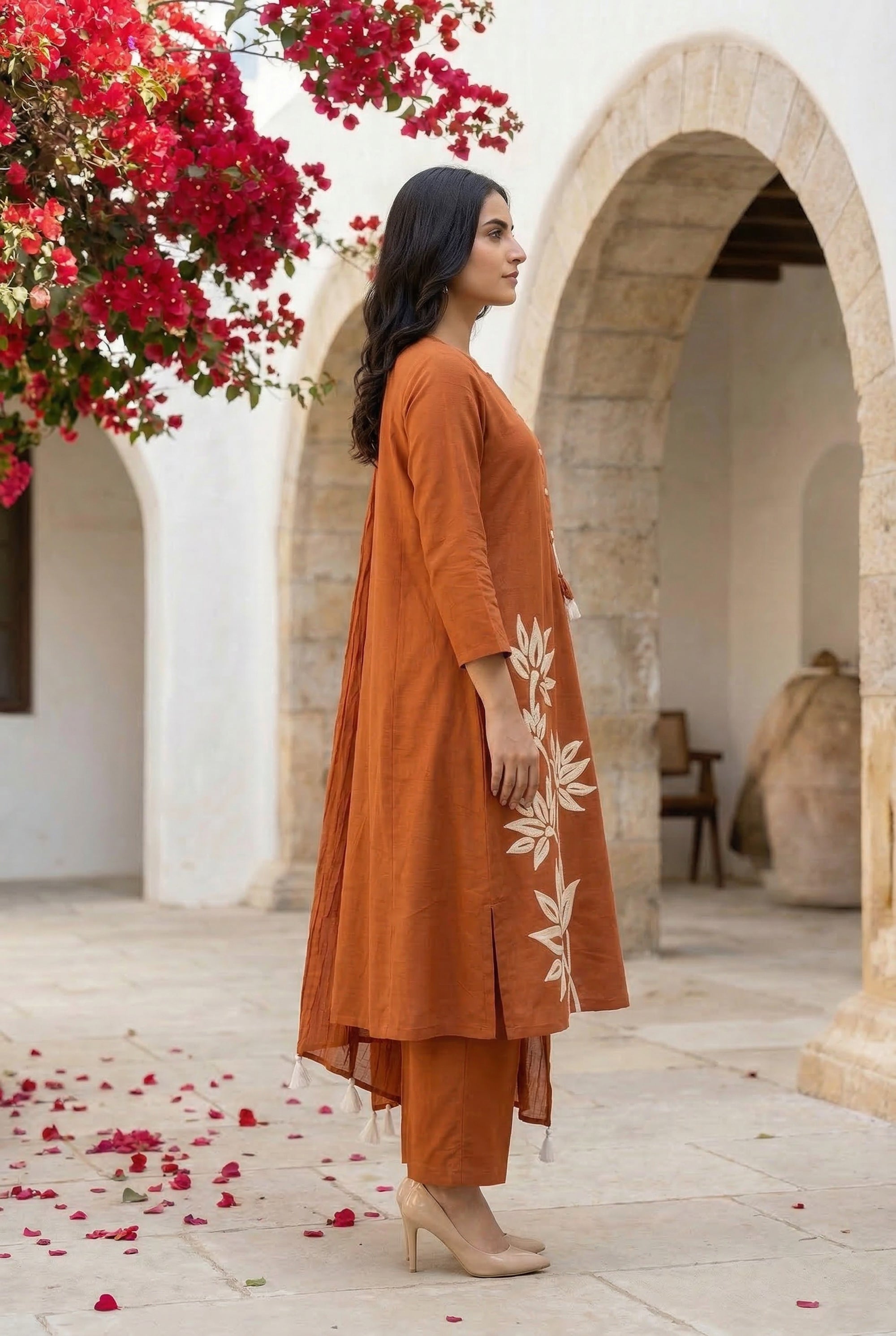 Rust Nature Leaf Embroidered Design Cotton Kurta Pant Set with Dupatta