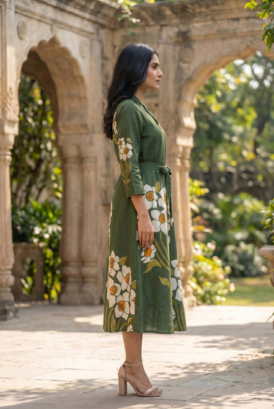 Forest Green Floral Cotton Printed A-Line Dress with Tie-Up Waist
