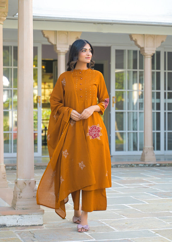 Mustard Ethnic Motif Embroidered Kurta Pant Set with Dupatta