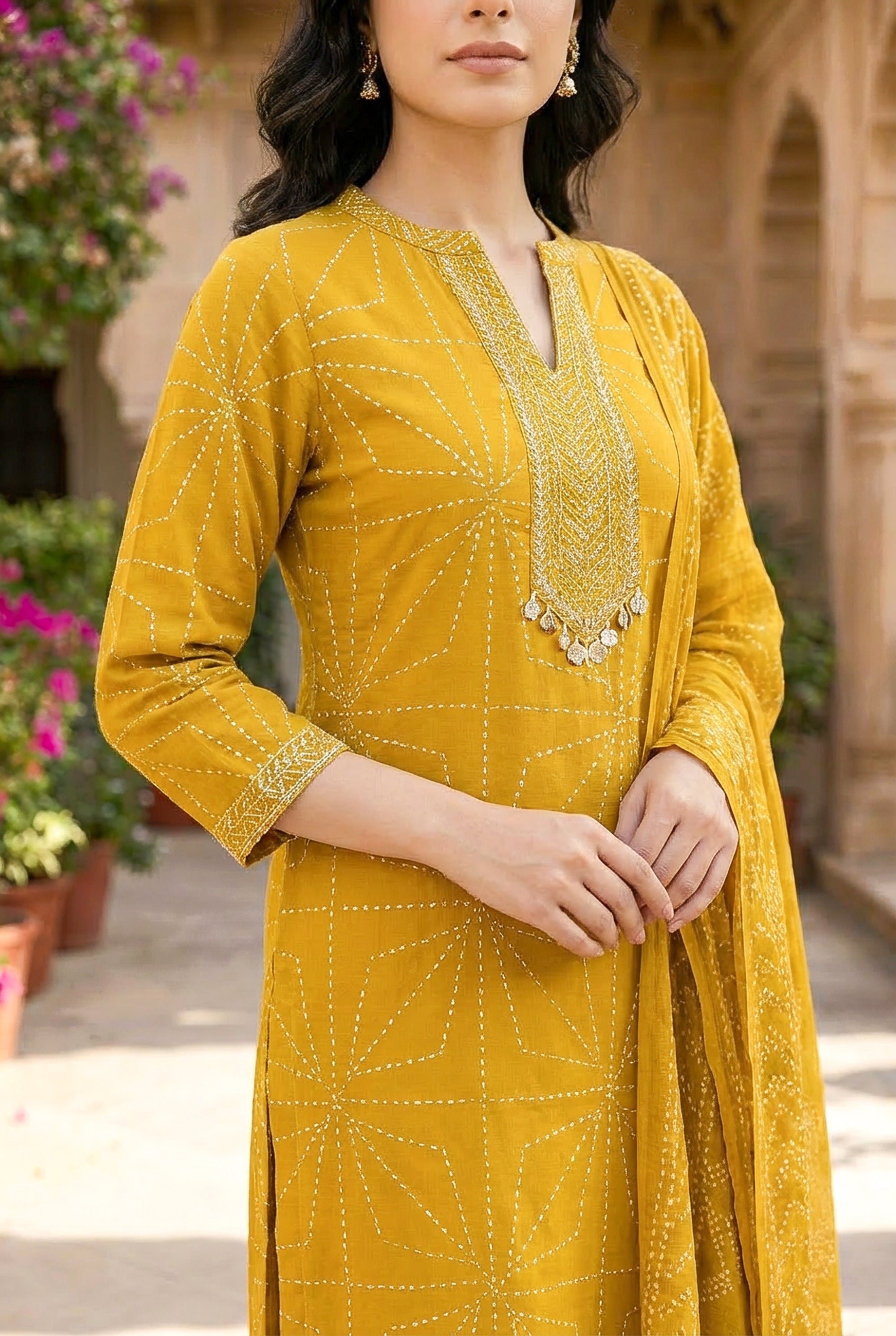 Elegant Mustard Bandhani Kurta Pant Set with Dupatta