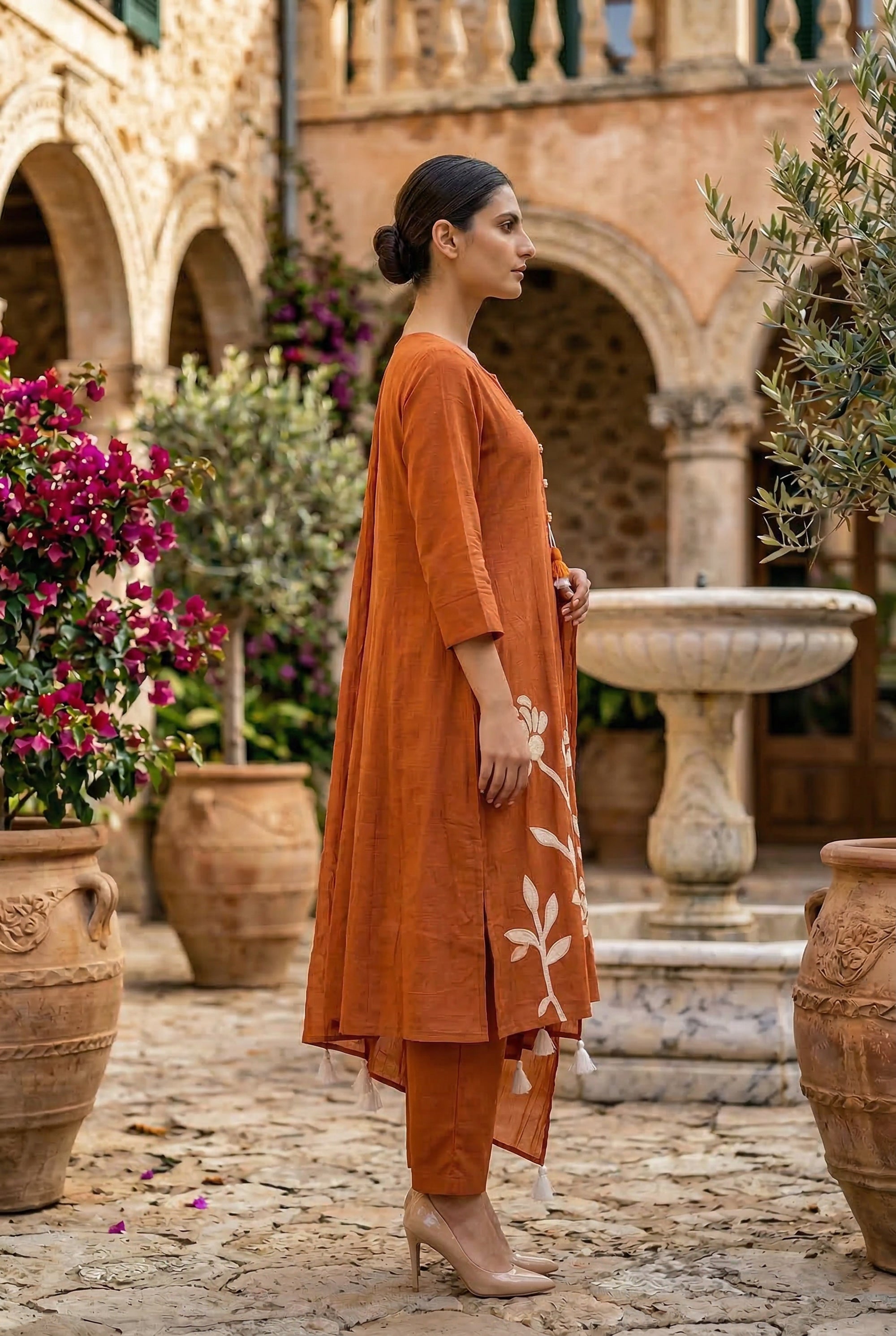 Rust Floral Botanical Ethnic Embroidered Cotton Kurta Set with Dupatta