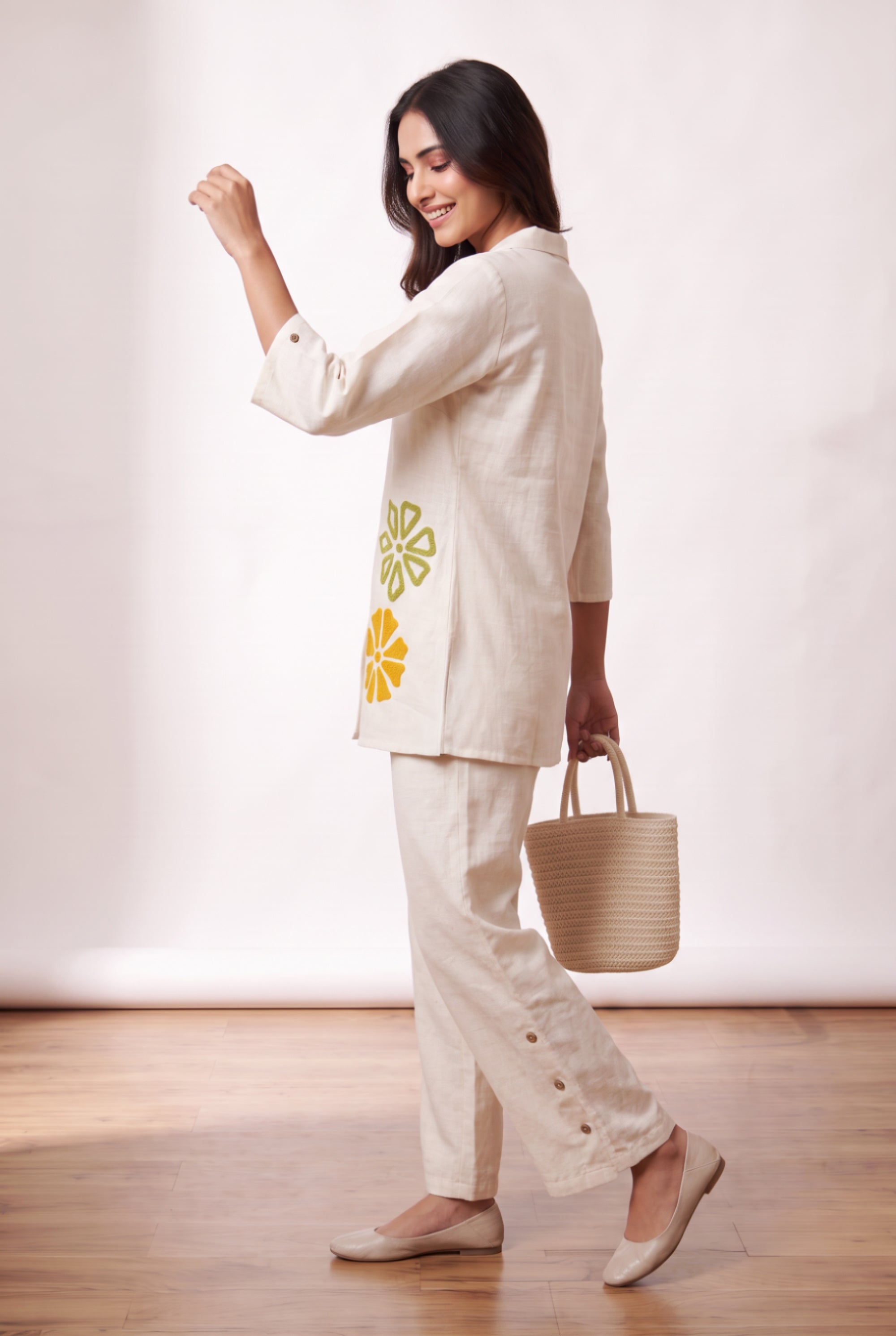 Off White Floral Embroidery Cotton Flex Co-ord Set