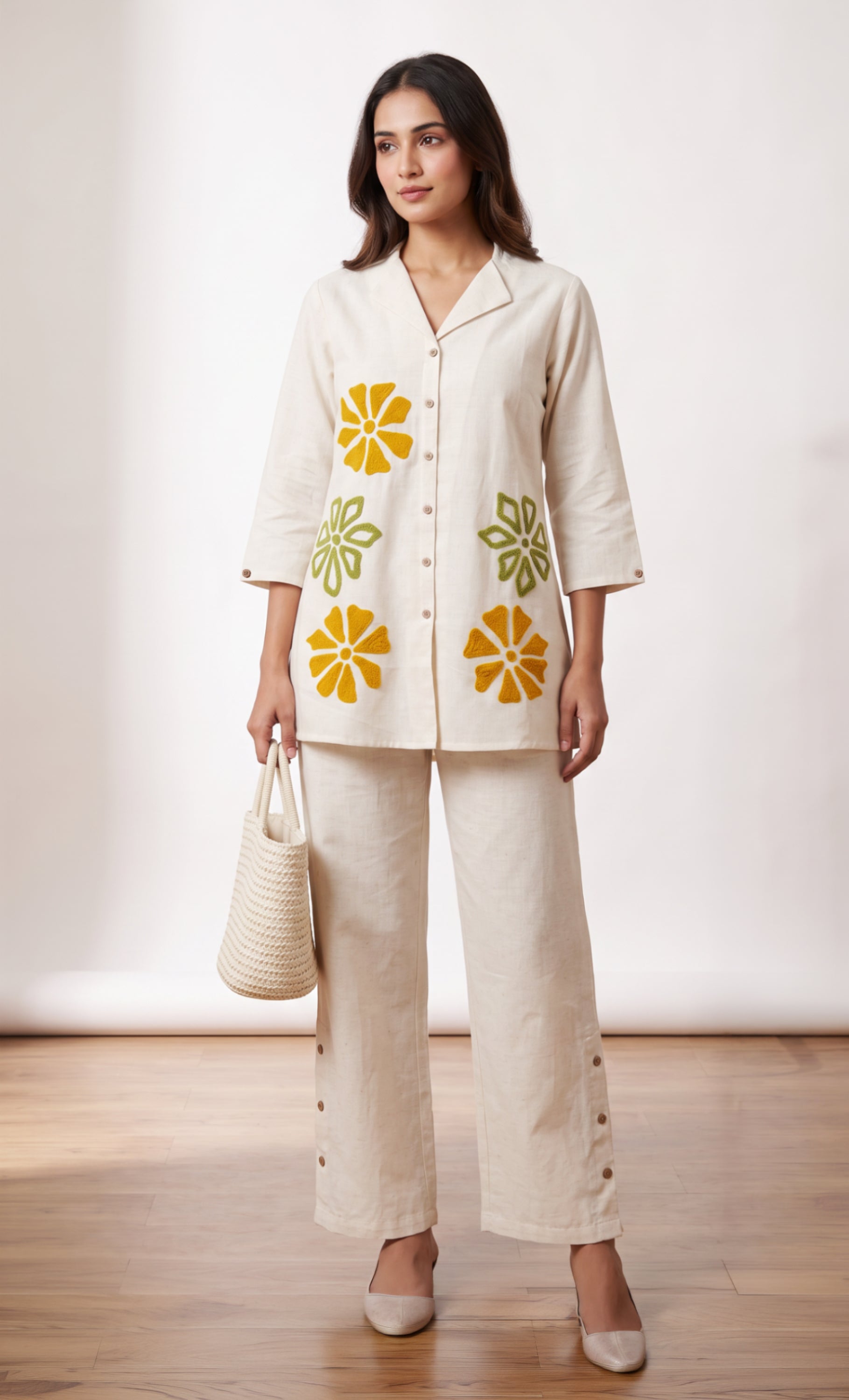Off White Floral Embroidery Cotton Flex Co-ord Set