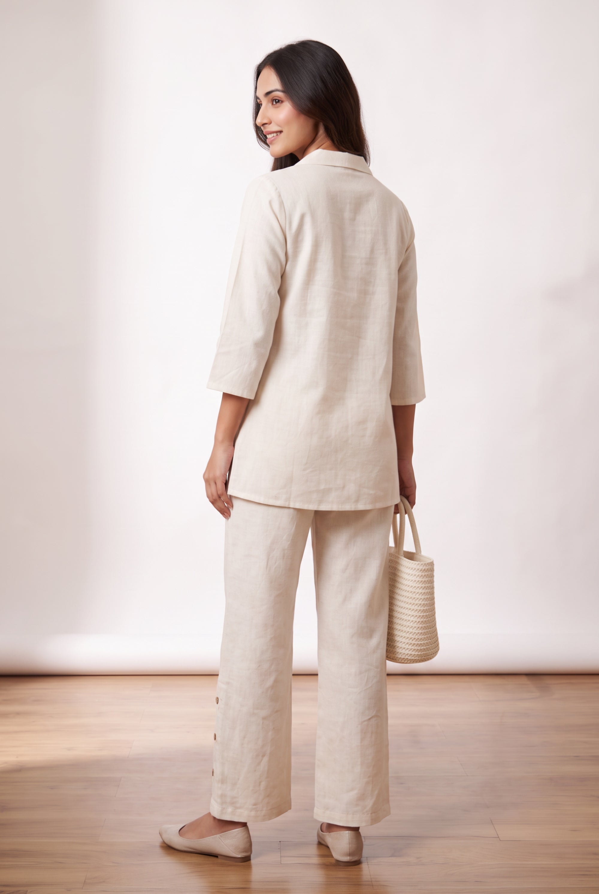 Off White Floral Embroidery Cotton Flex Co-ord Set