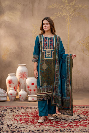 Teal Blue Printed Cotton Kurta Set with Dupatta