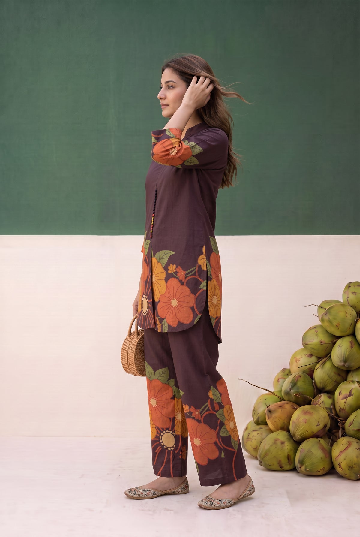 Brown Contrast Floral Printed Cotton Co-ord Set